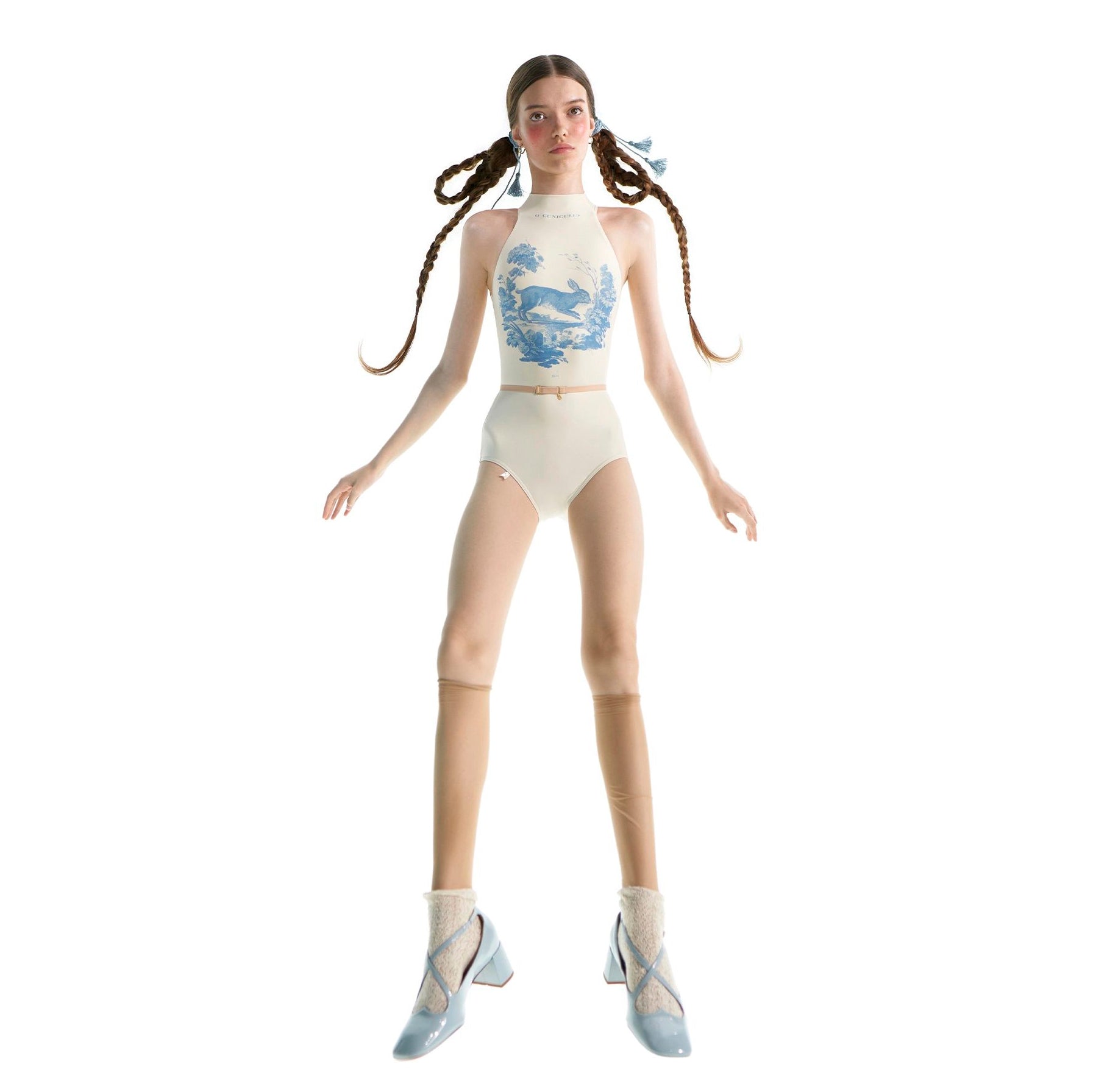 Women White Printed'ALPINE FAUNA'Choker Ballet Onesies(201LE20VL/cuniculus)