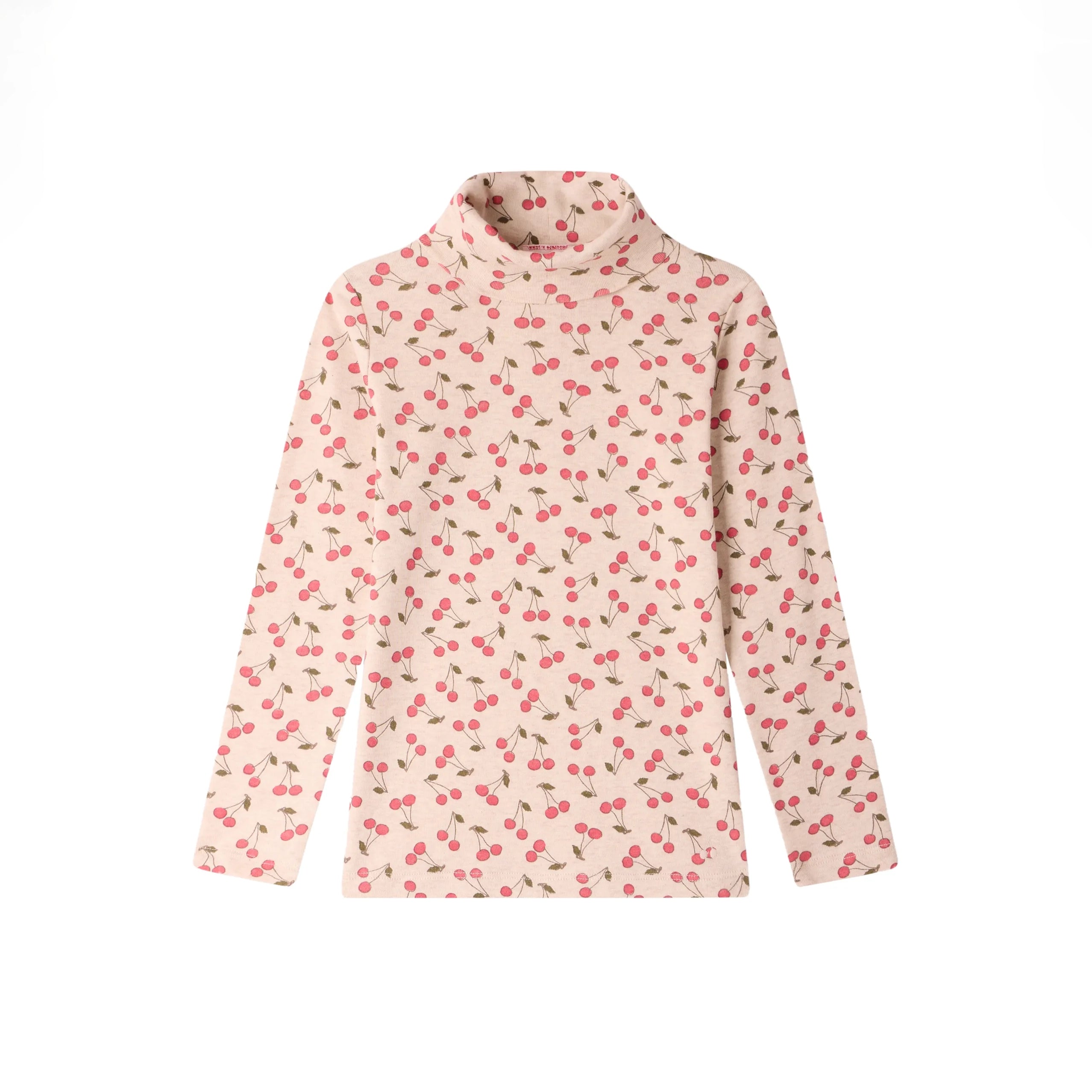 Girls Beige Cherry Printed Cotton Turtleneck