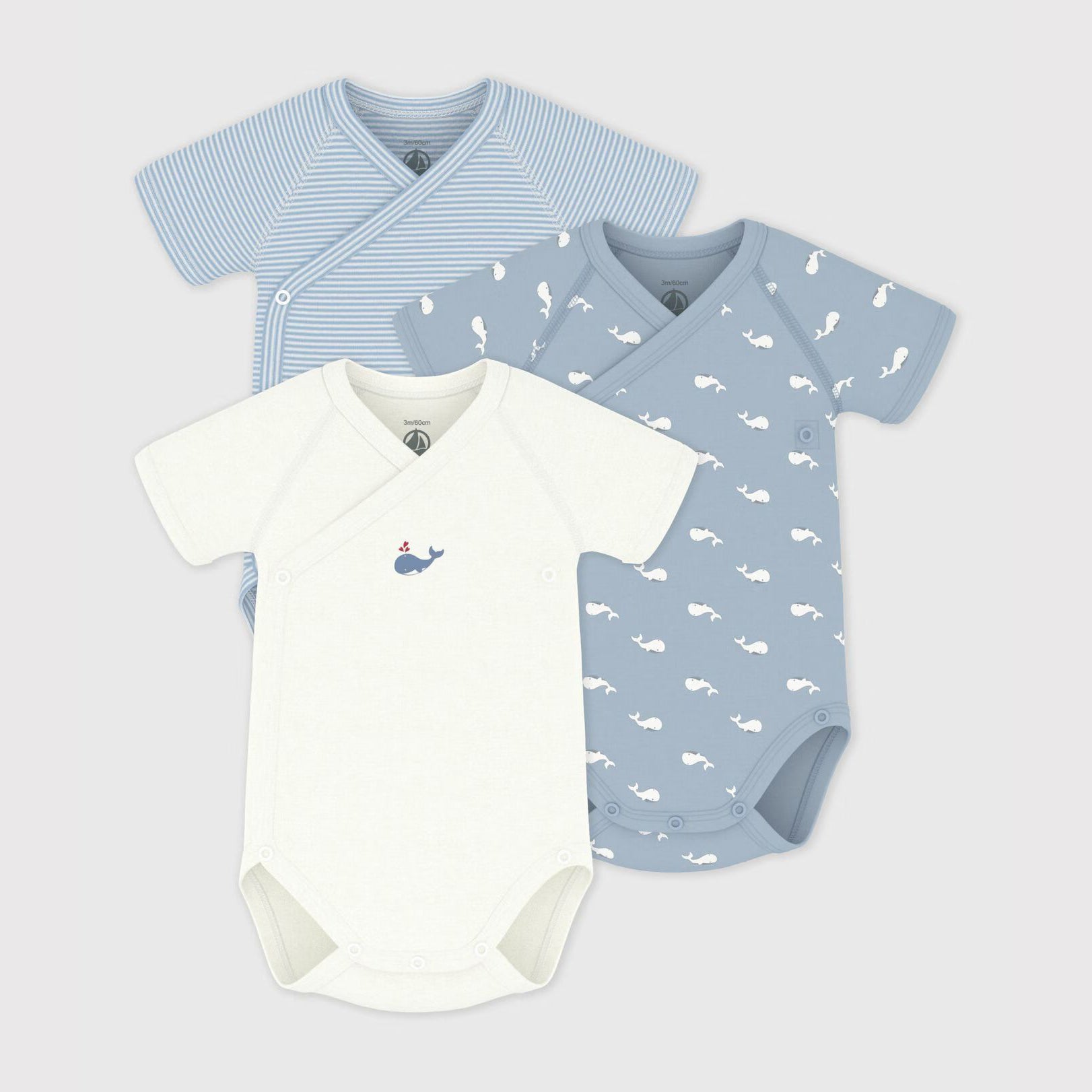 Baby Boys Blue & White Cotton Babysuit Set(3 Pack)