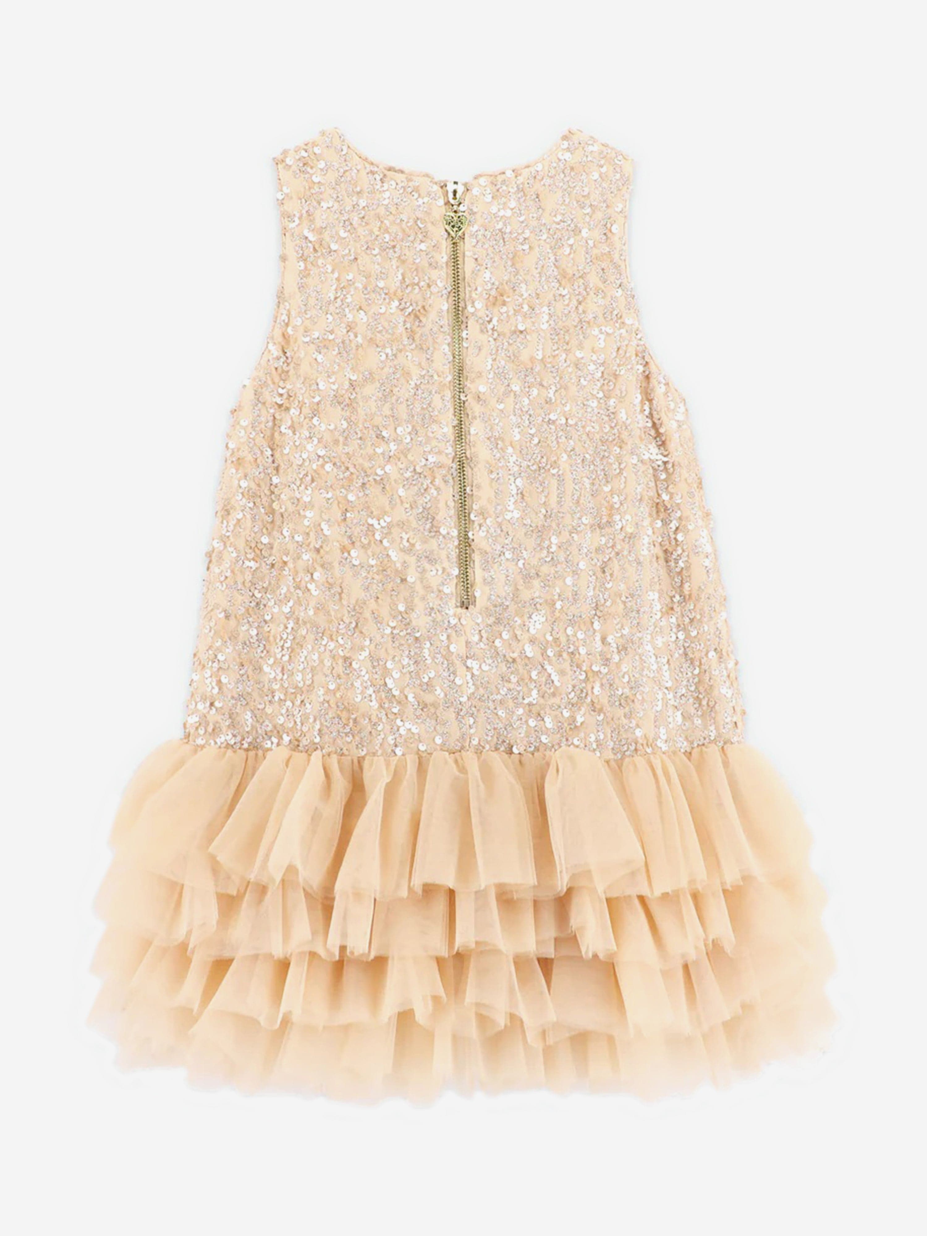 Girls Charleston Sequin Tulle Dress in Beige
