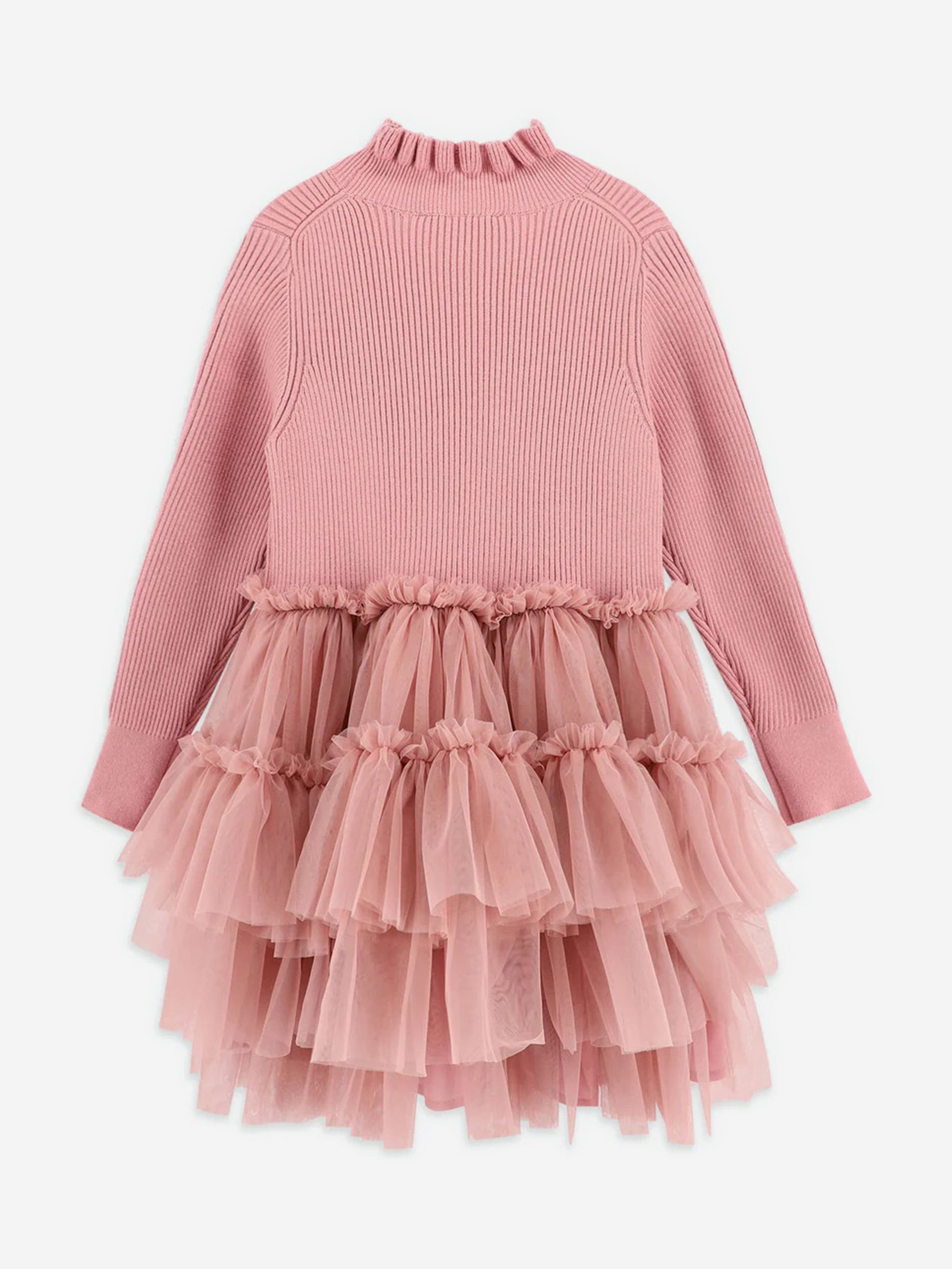 Girls Elin Knit and Tulle Dress in Pink
