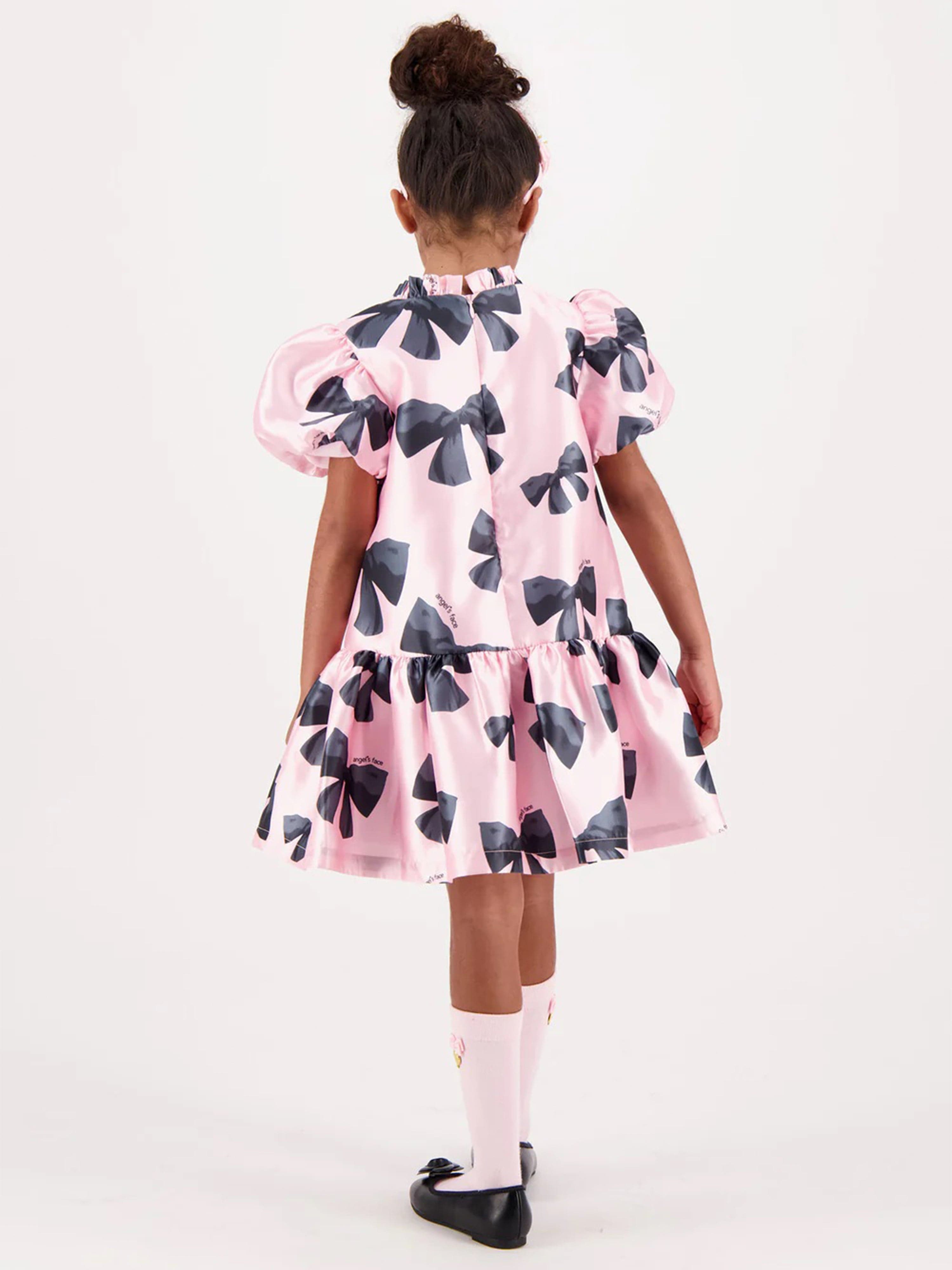Girls Kaley Bow Print Dress in Pink