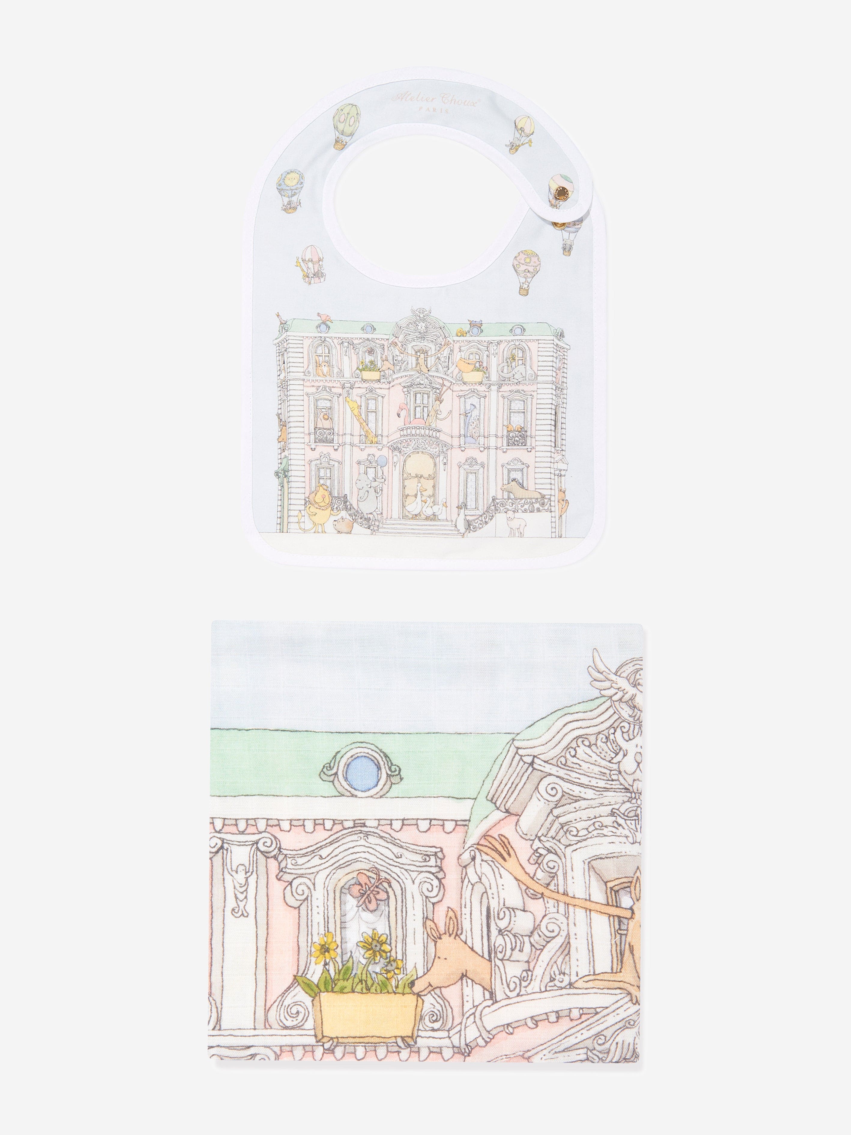 Atelier Choux Baby Monceau Mansion Swaddle And Satin Bib Set in Blue