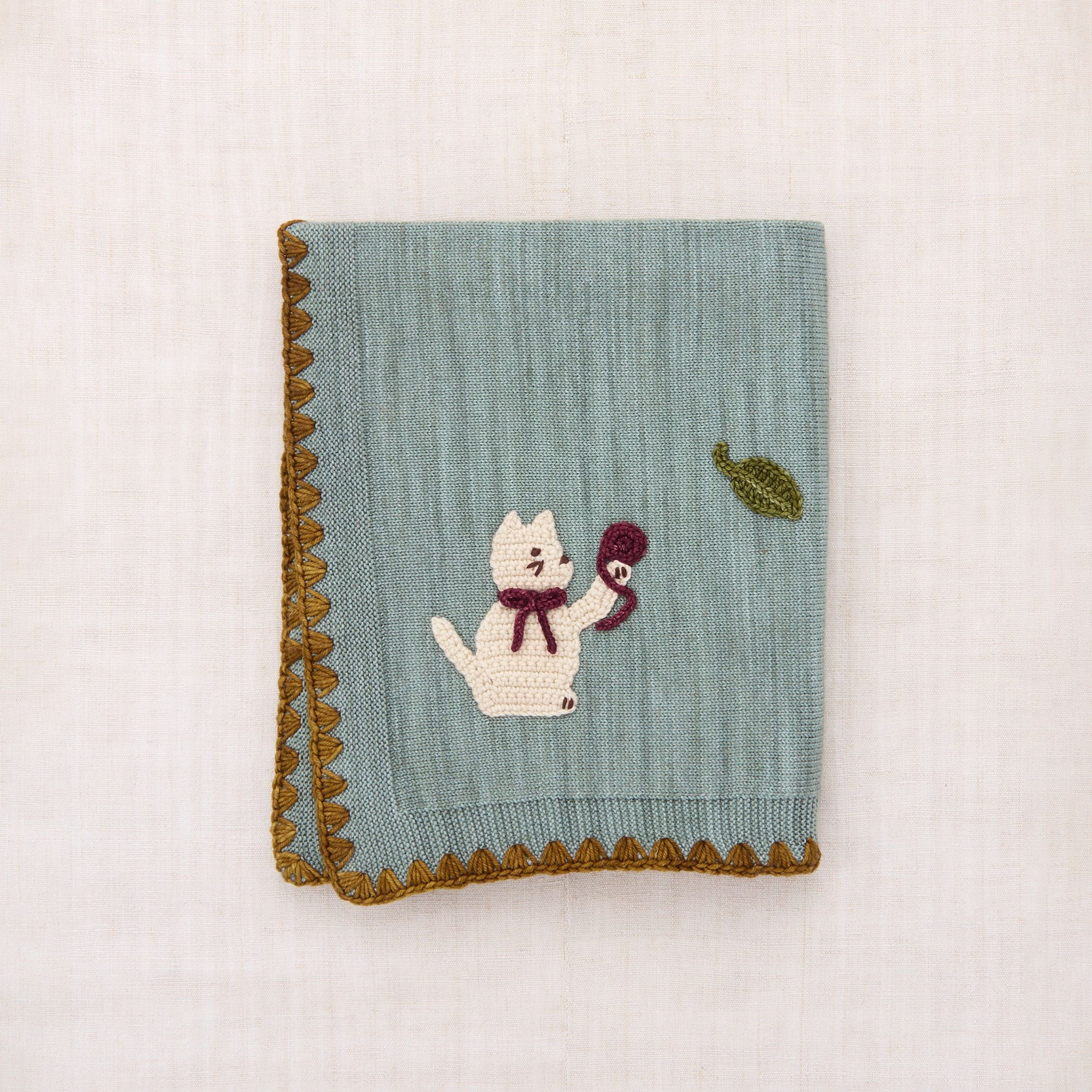 Baby Boys & Girls Green Cat Embroidered Wool Blanket