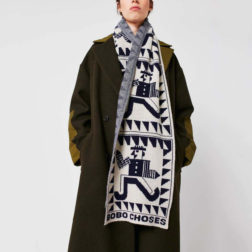 Women Navy Jacquard Wool Scarf(200x30cm)