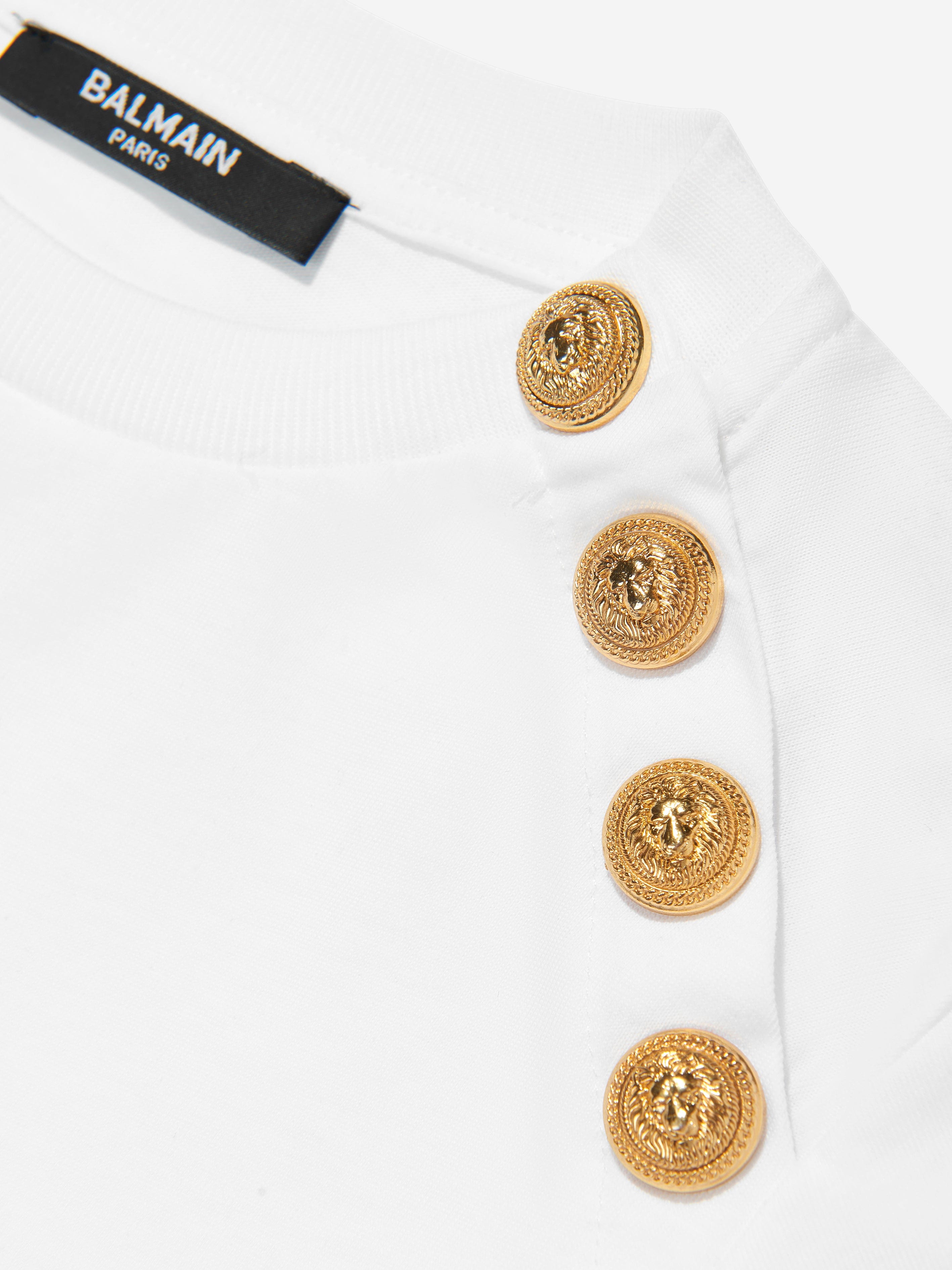 Balmain Girls Buttoned Logo T-Shirt in White