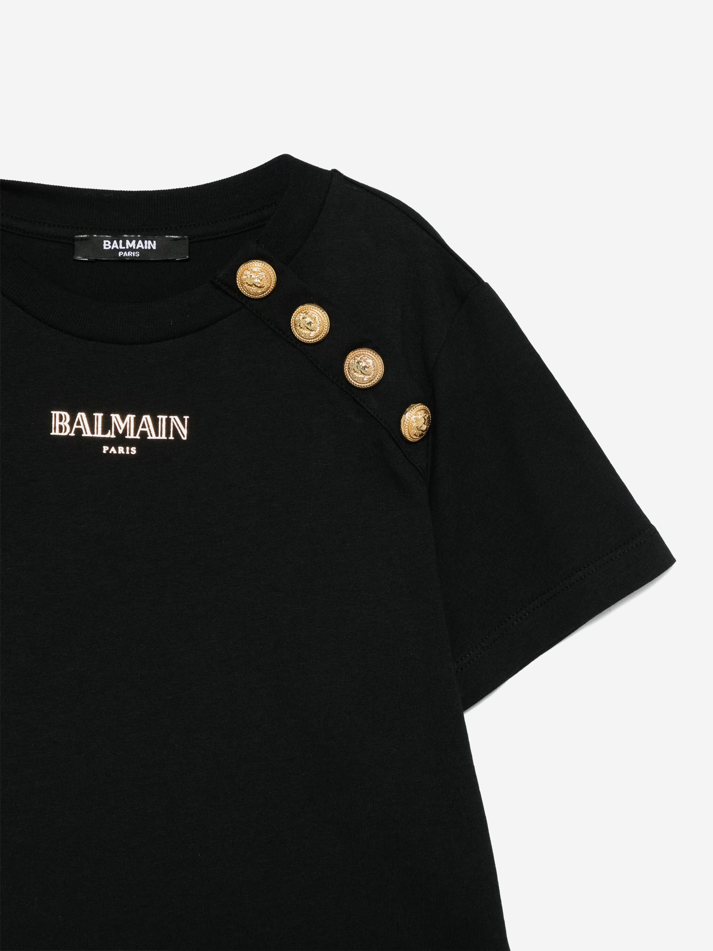 Balmain Girls Buttoned Logo T-Shirt in Black
