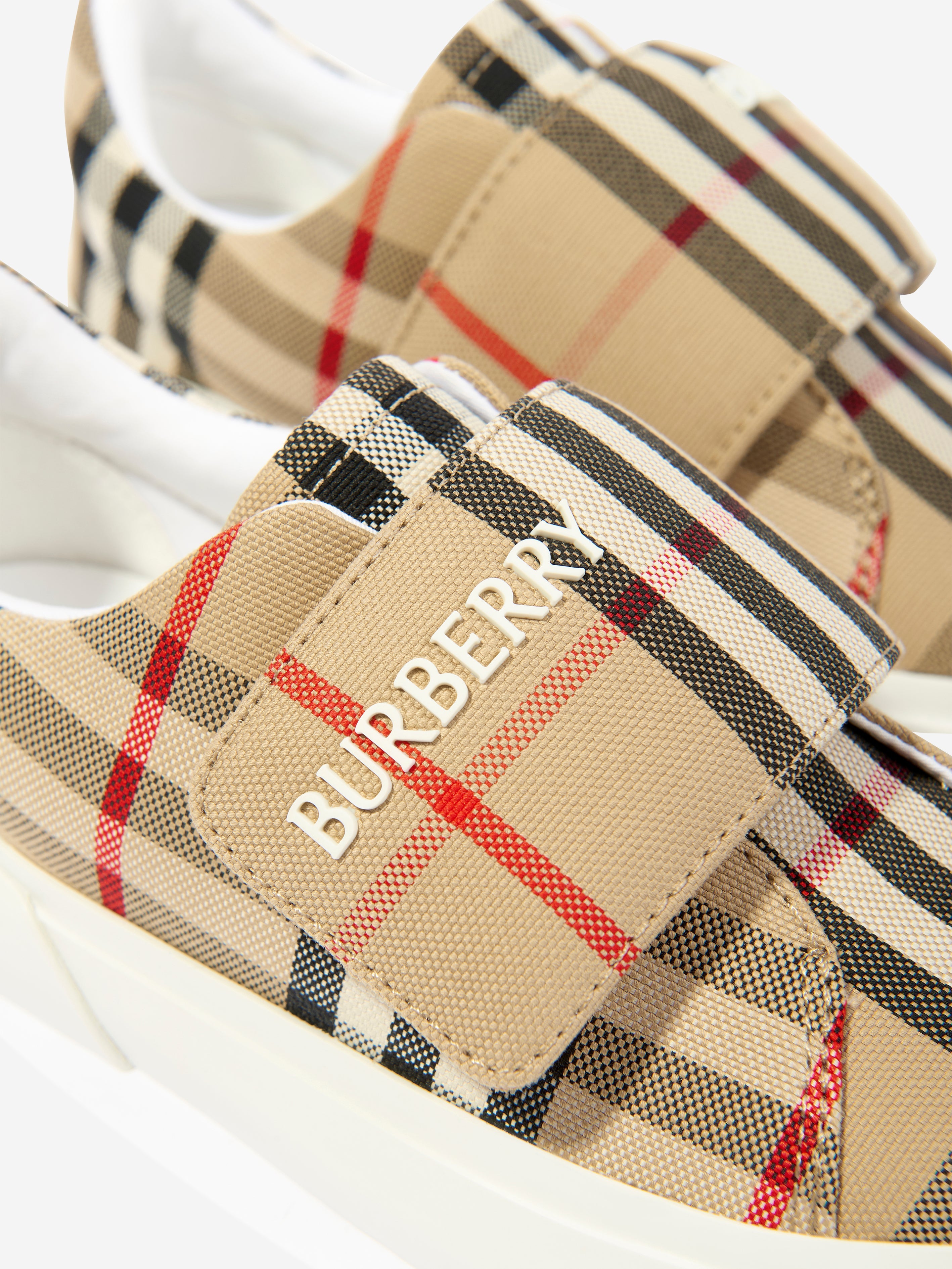 Kids Cotton Check Velcro Strap Trainers in Beige