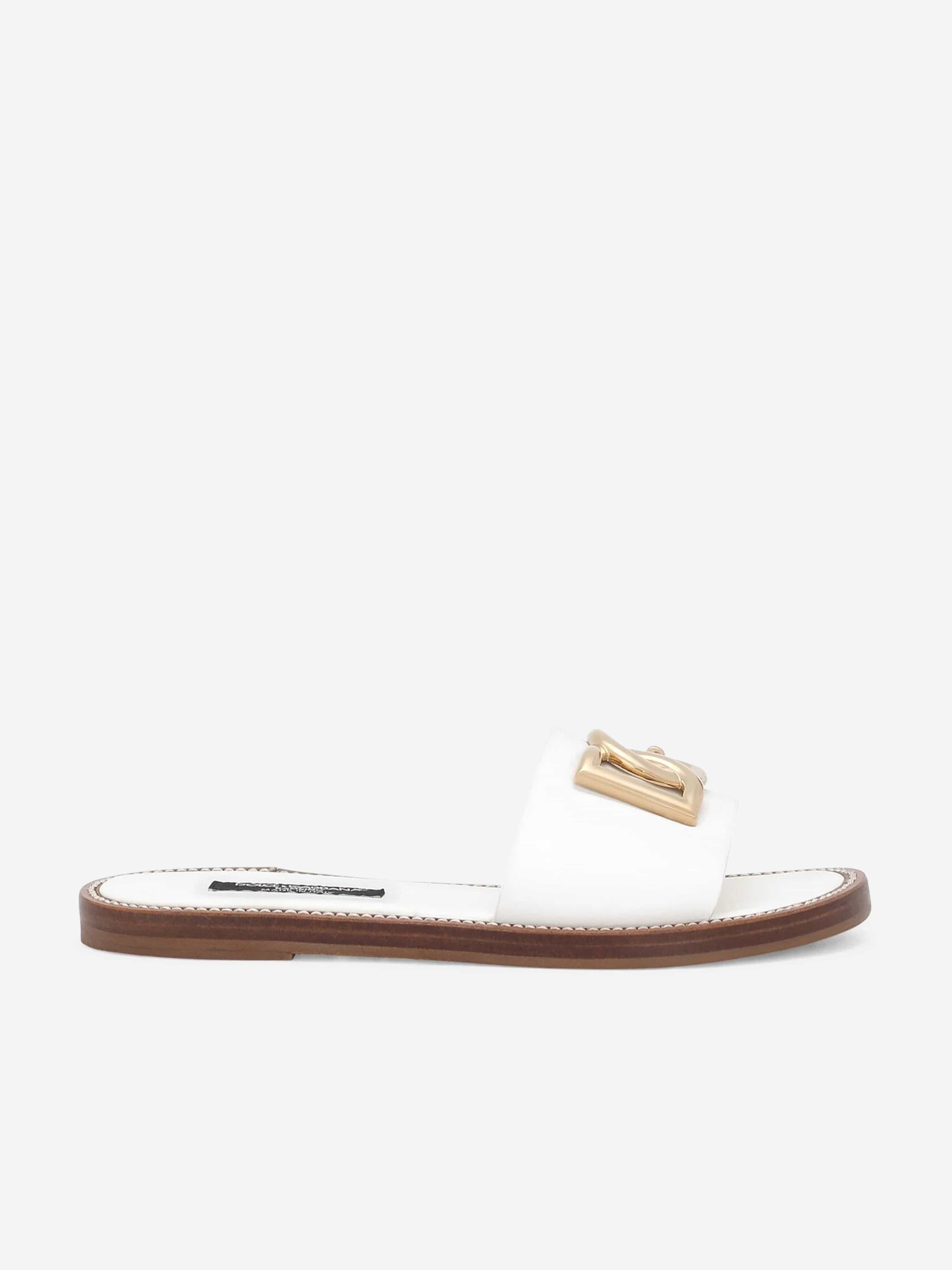 Dolce & Gabbana Girls Leather Logo Flat Slides in White