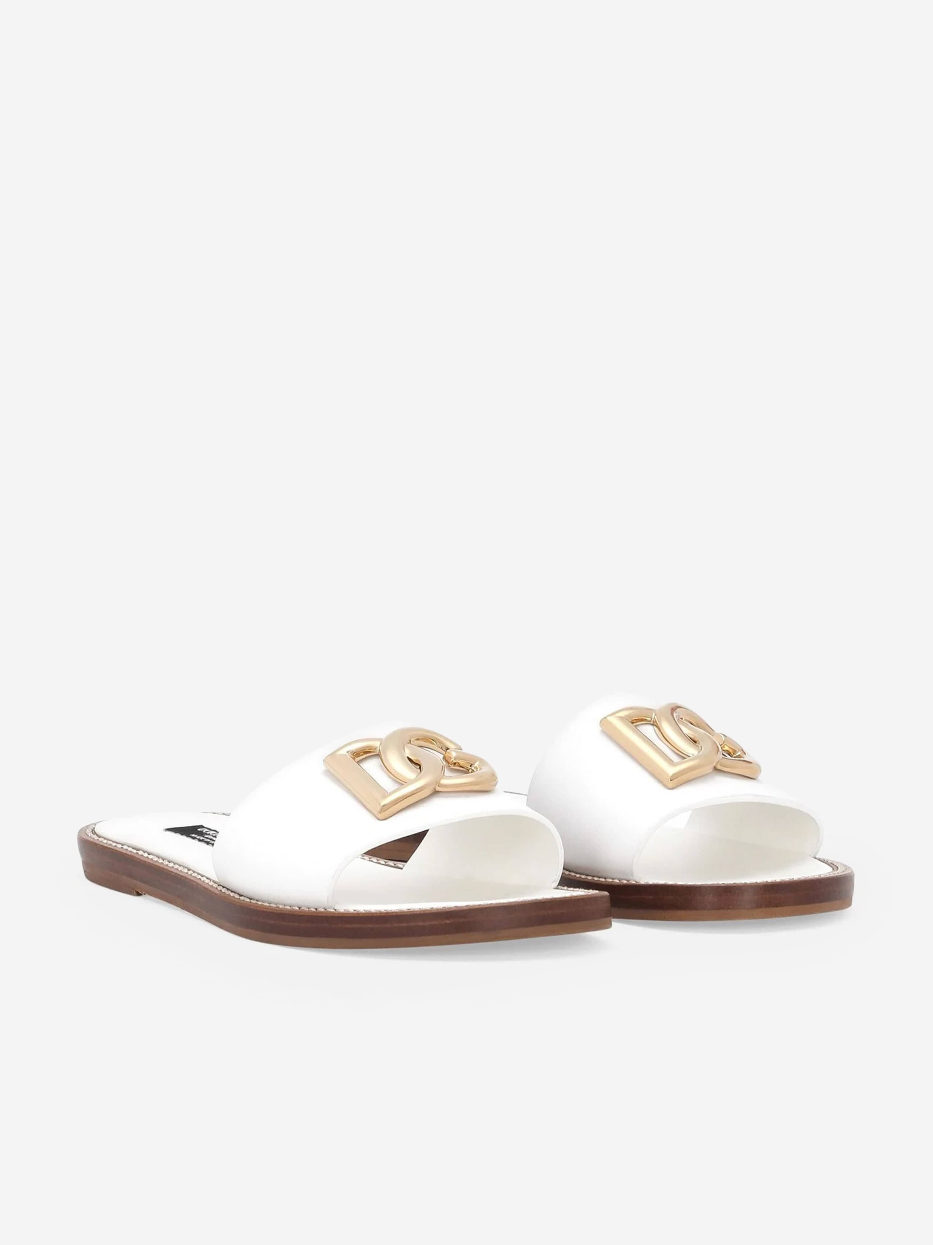 Dolce & Gabbana Girls Leather Logo Flat Slides in White