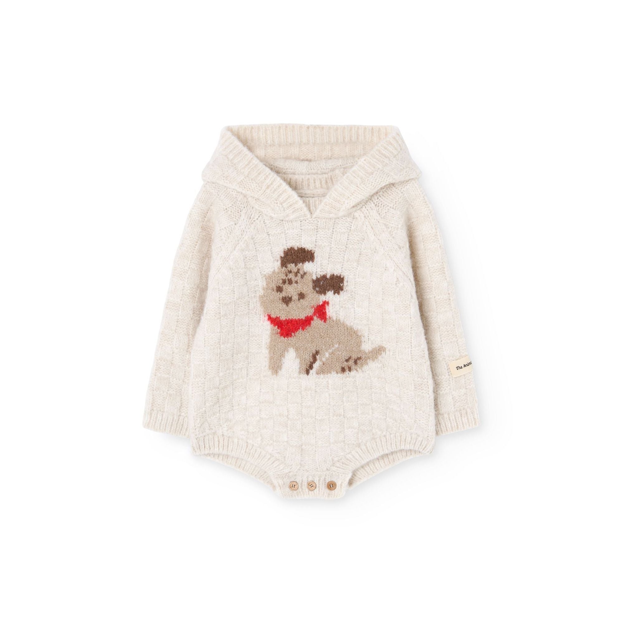 Grenouillère Bébé Garçons et Filles en Maille Jacquard Blanche avec Capuche et Motif Chiot