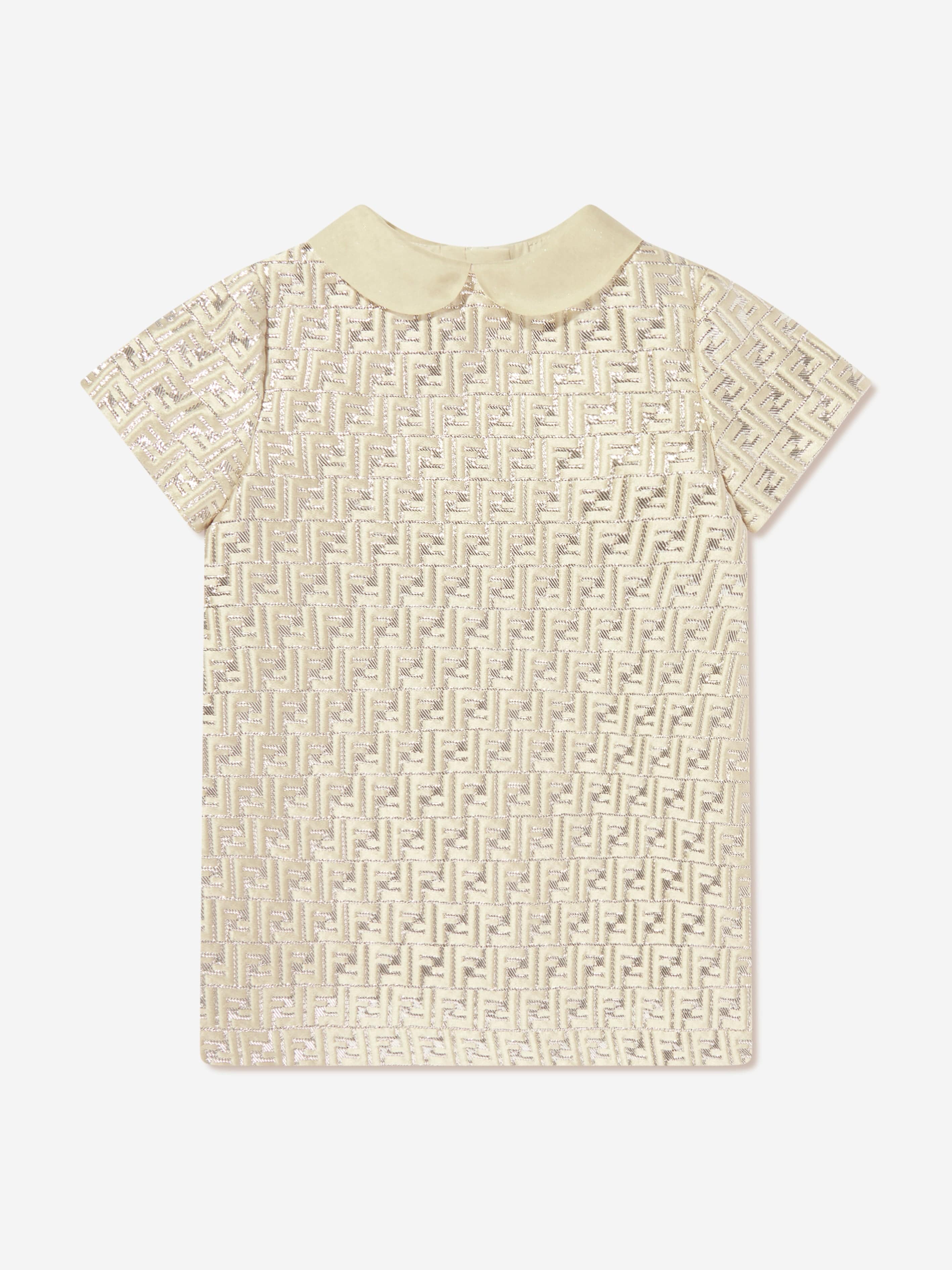 Fendi Baby Girls FF Silk Brocade Dress in Beige