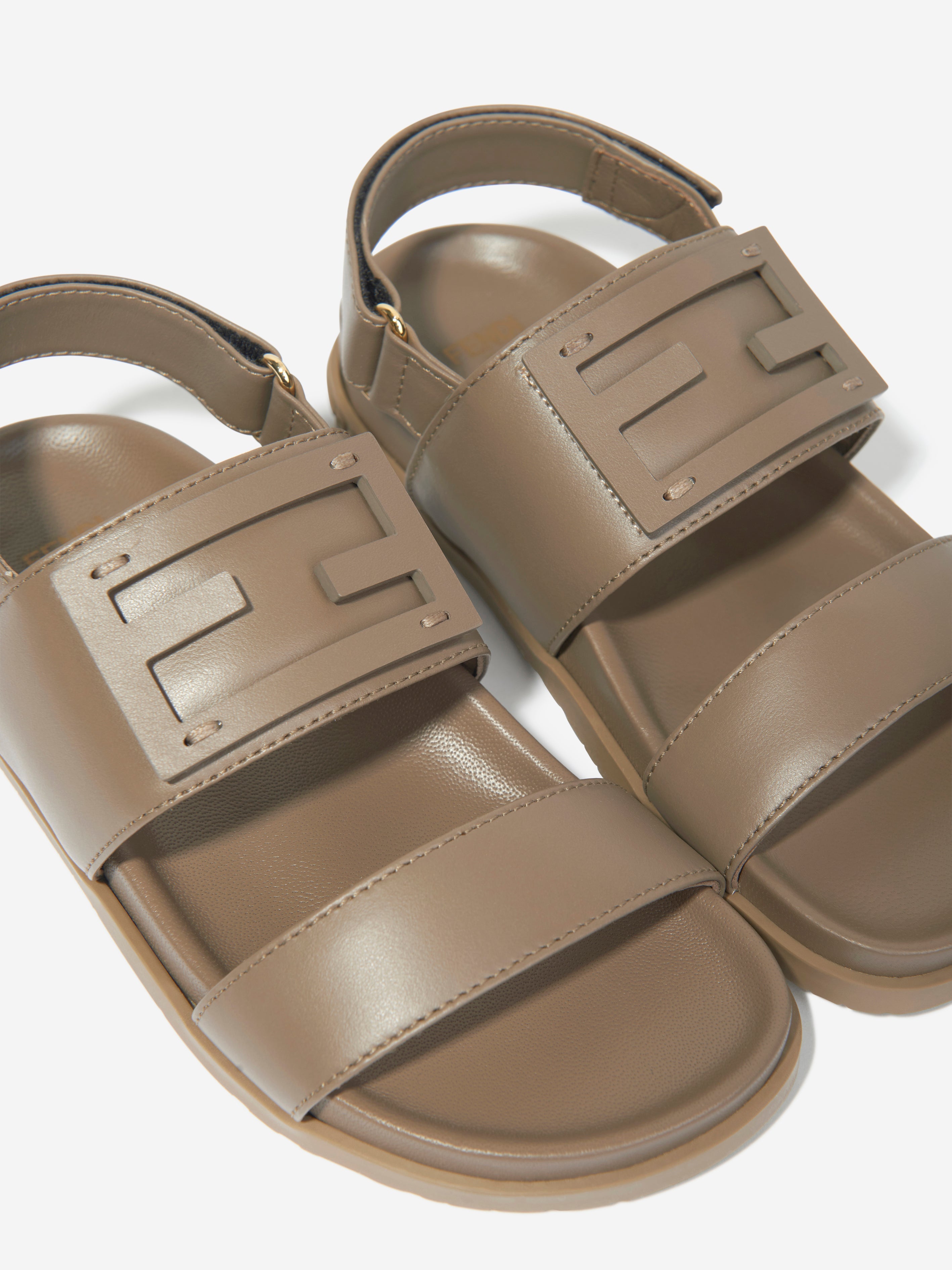 Kids Leather FF Logo Sandals in Beige