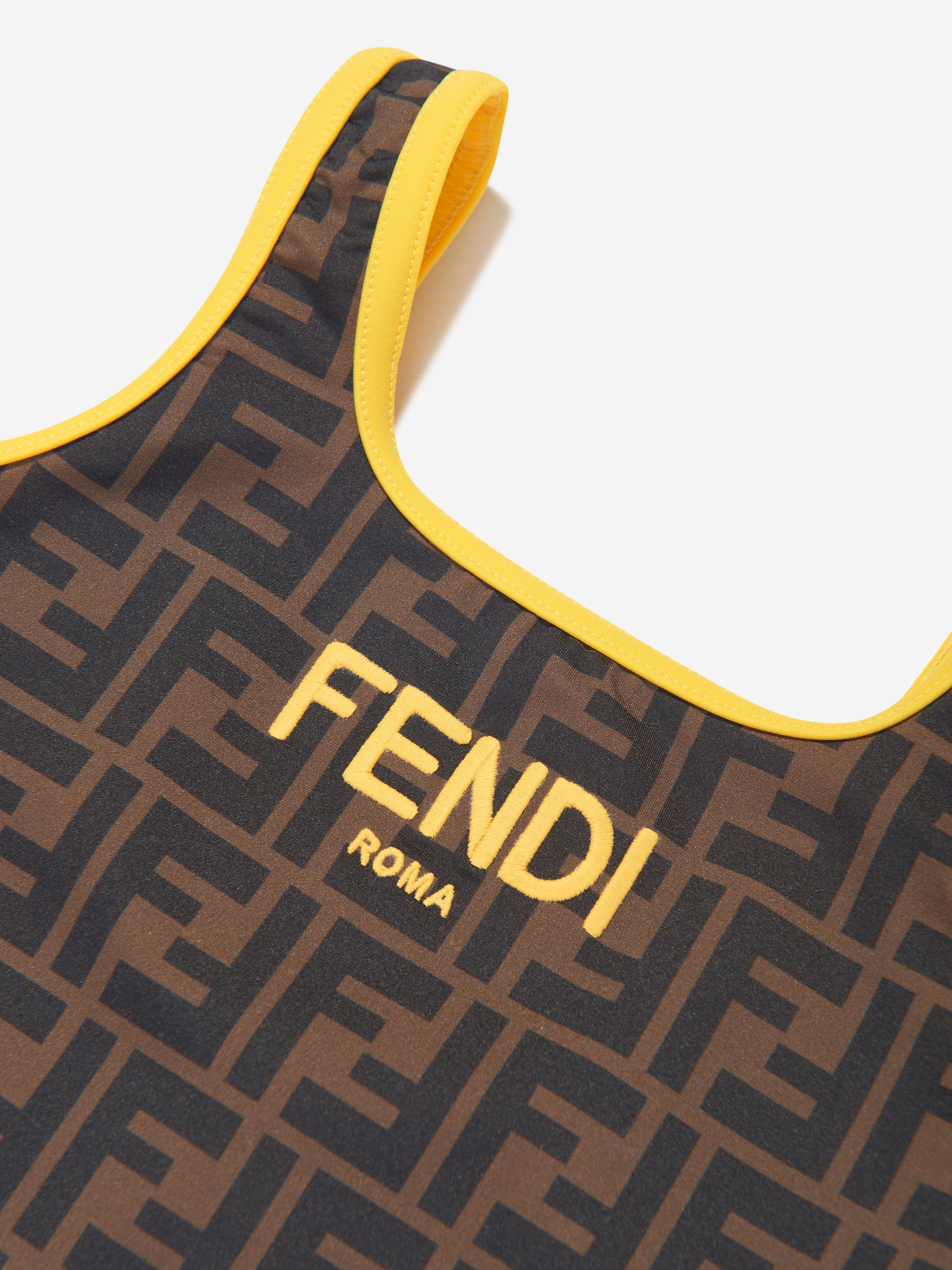 Fendi Girls FF Logo Reversible Swimsuit in Brown