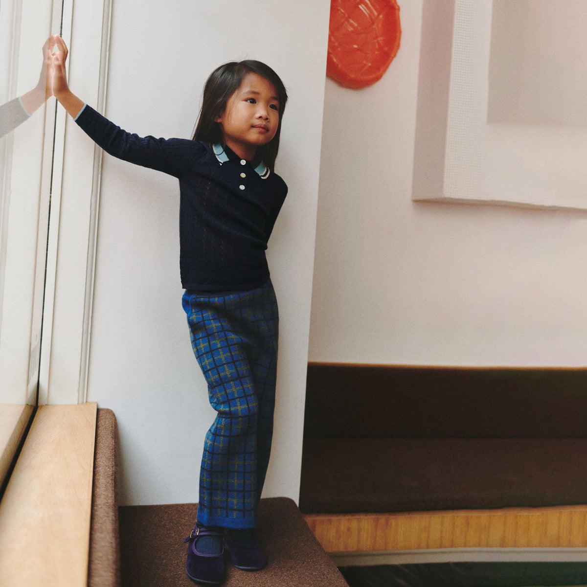 Girls Dark Navy Pointelle Wool Polo Shirt