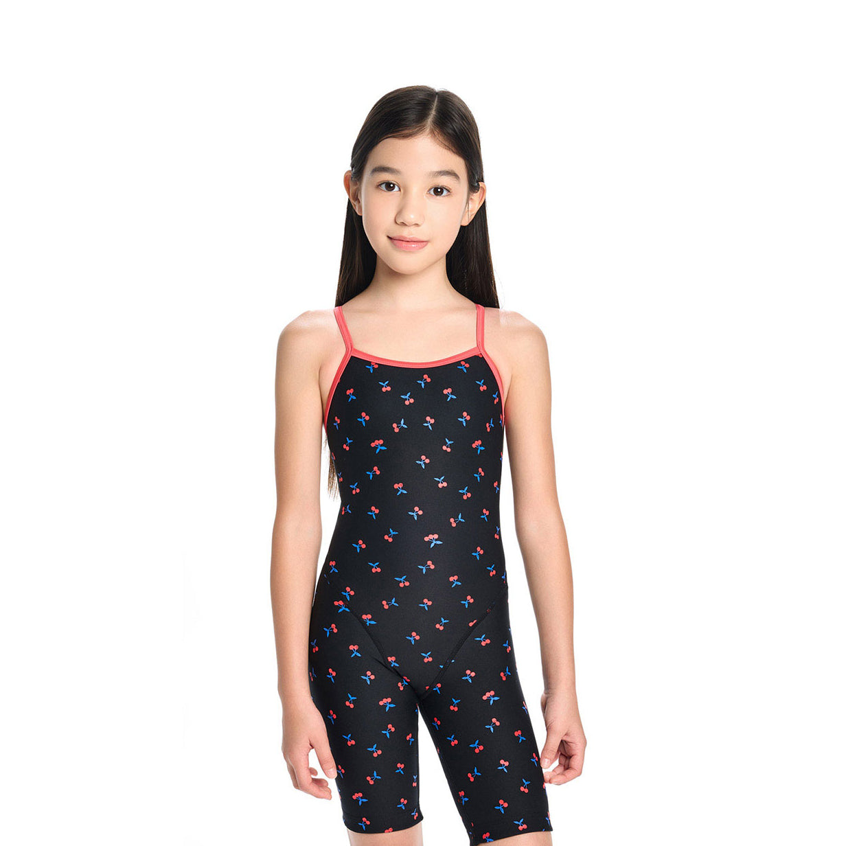 Girls Black Printed Cropped Professional Swimsuit