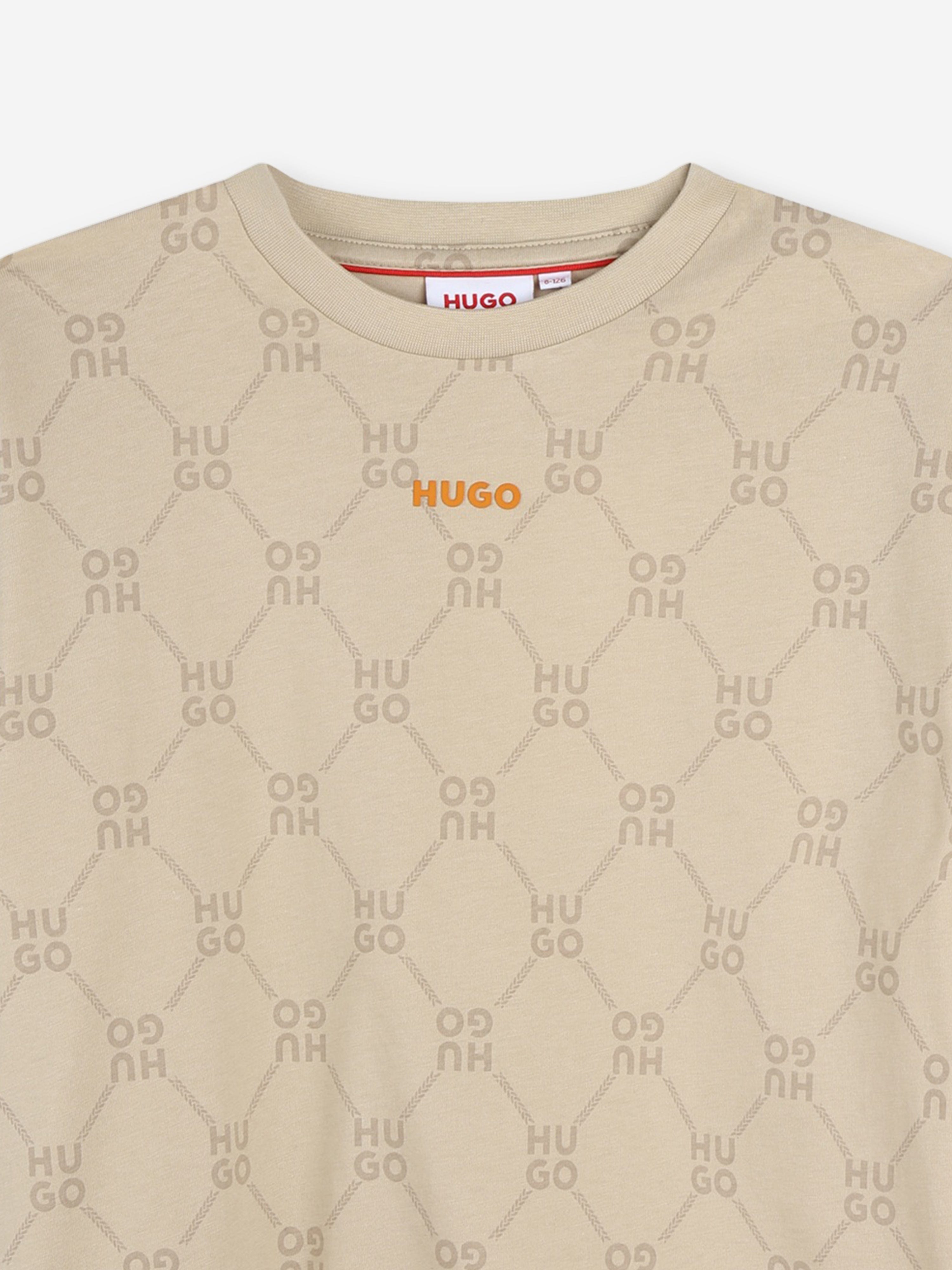Hugo Boys Monogram Logo T-Shirt in Beige