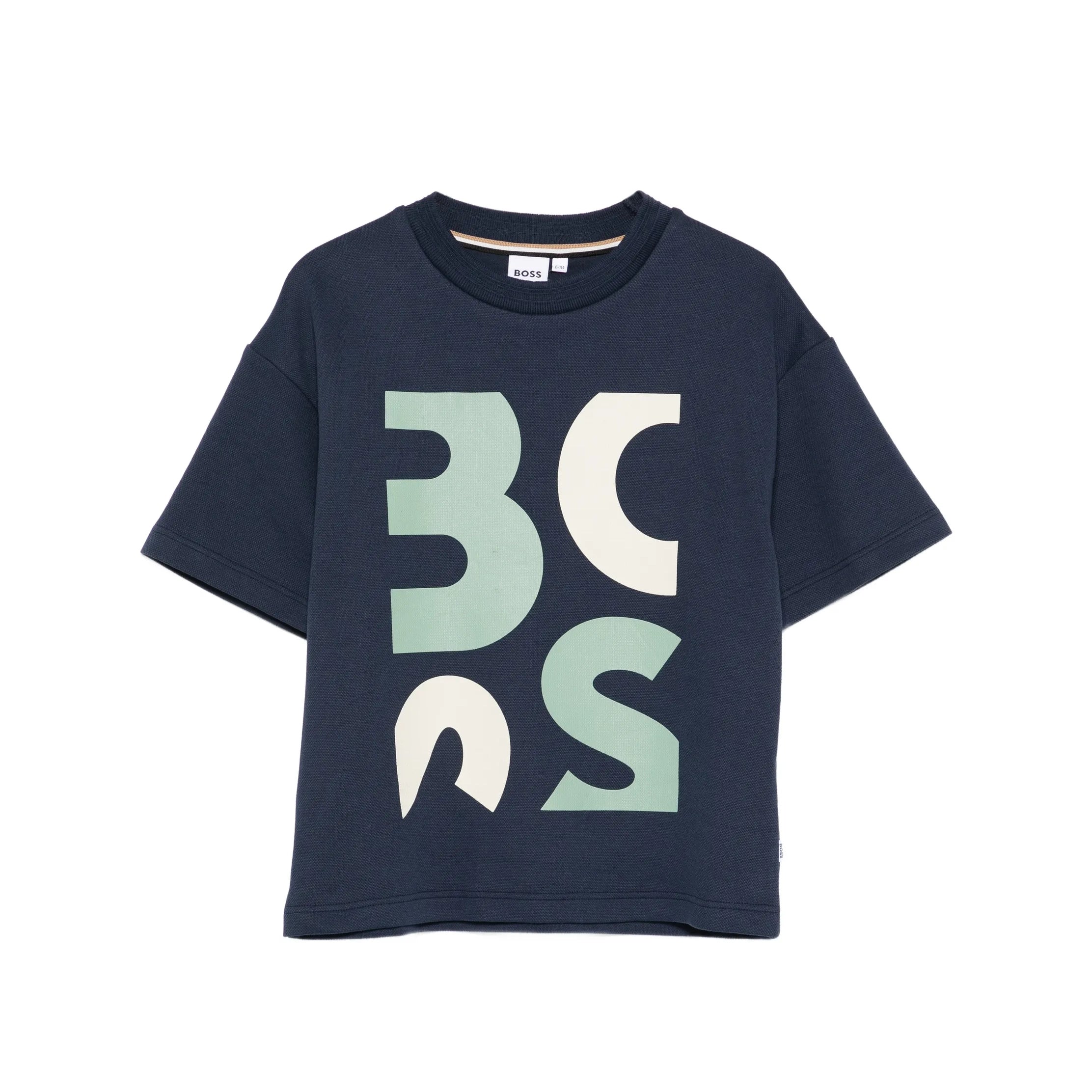Boys Navy Printed Logo Cotton T-Shirt
