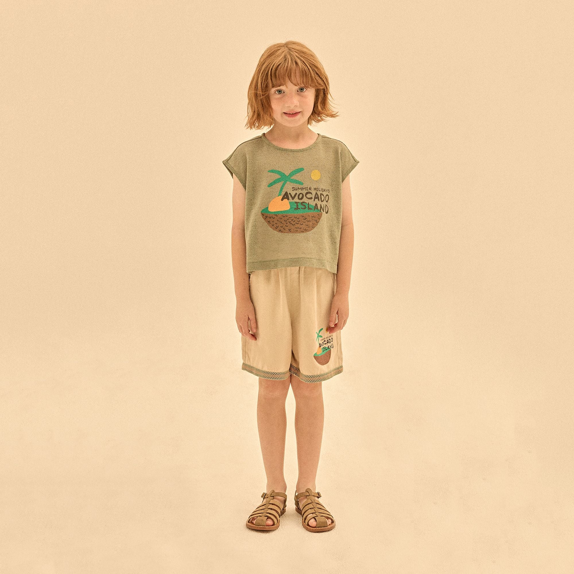T-shirt sans manches en coton imprimé kaki pour garçons et filles