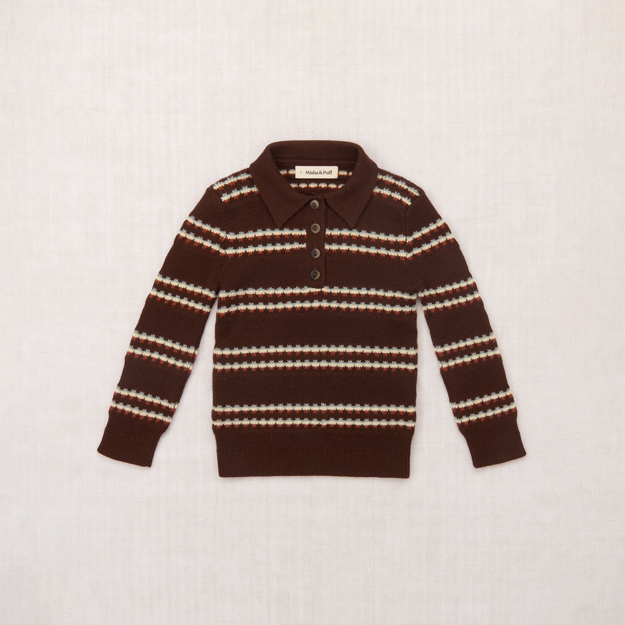 Boys Dark Brown Stripes Wool Polo Shirt