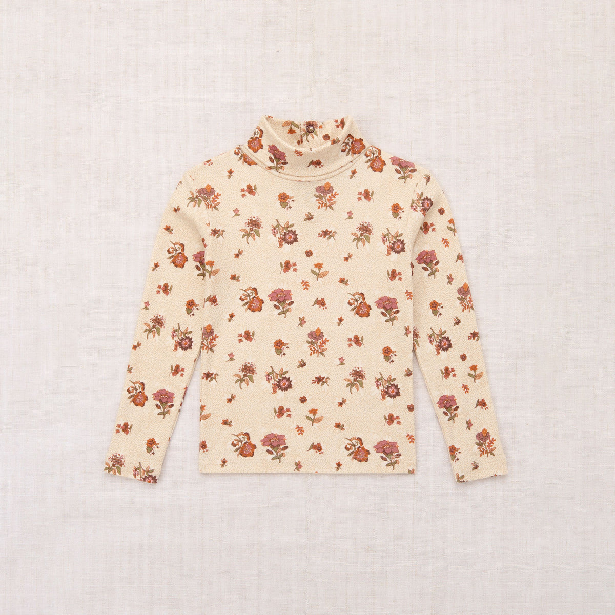 Girls Beige Flower Printed Cotton Turtleneck