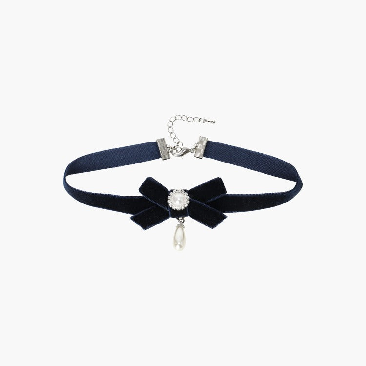 Girls Navy Drop Pearl Cinderella Ribbon Choker Necklace