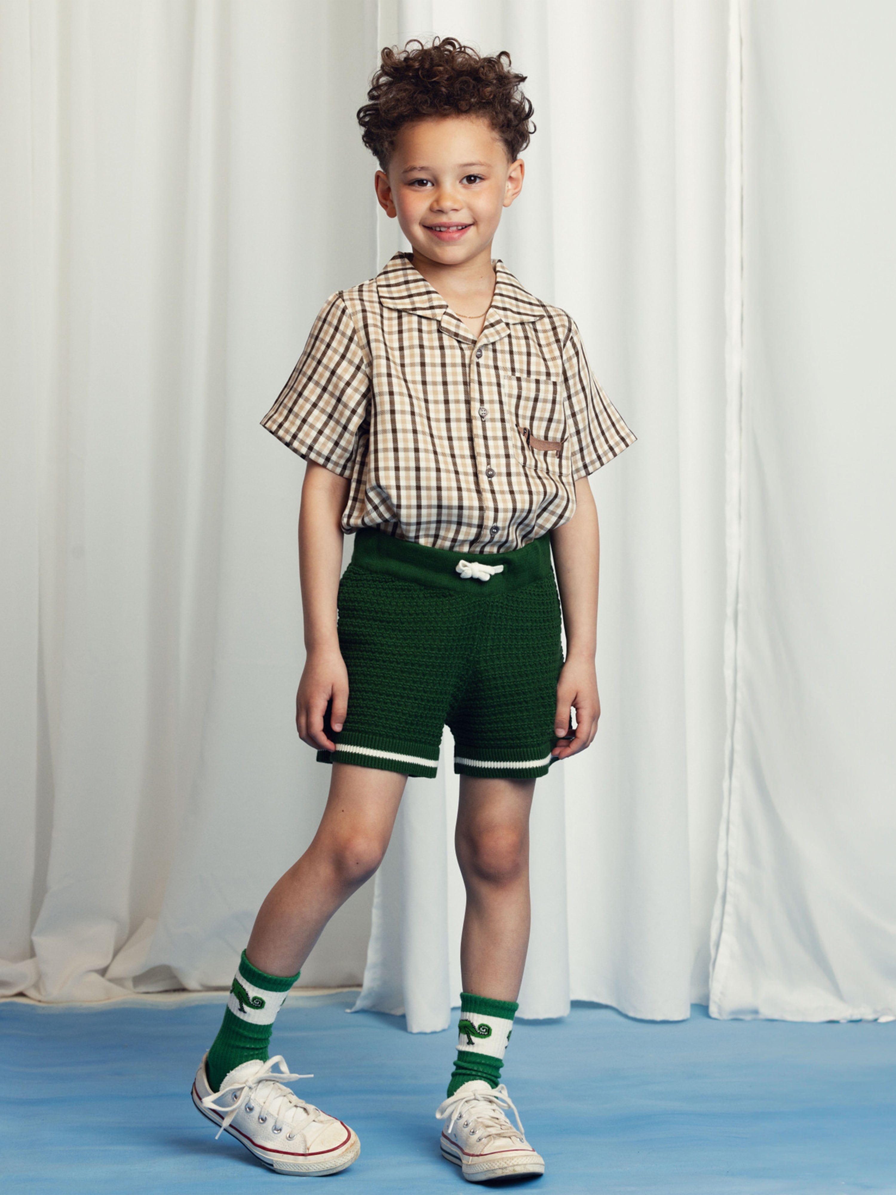 Kids Lizard Patch Crochet Knit Shorts in Green