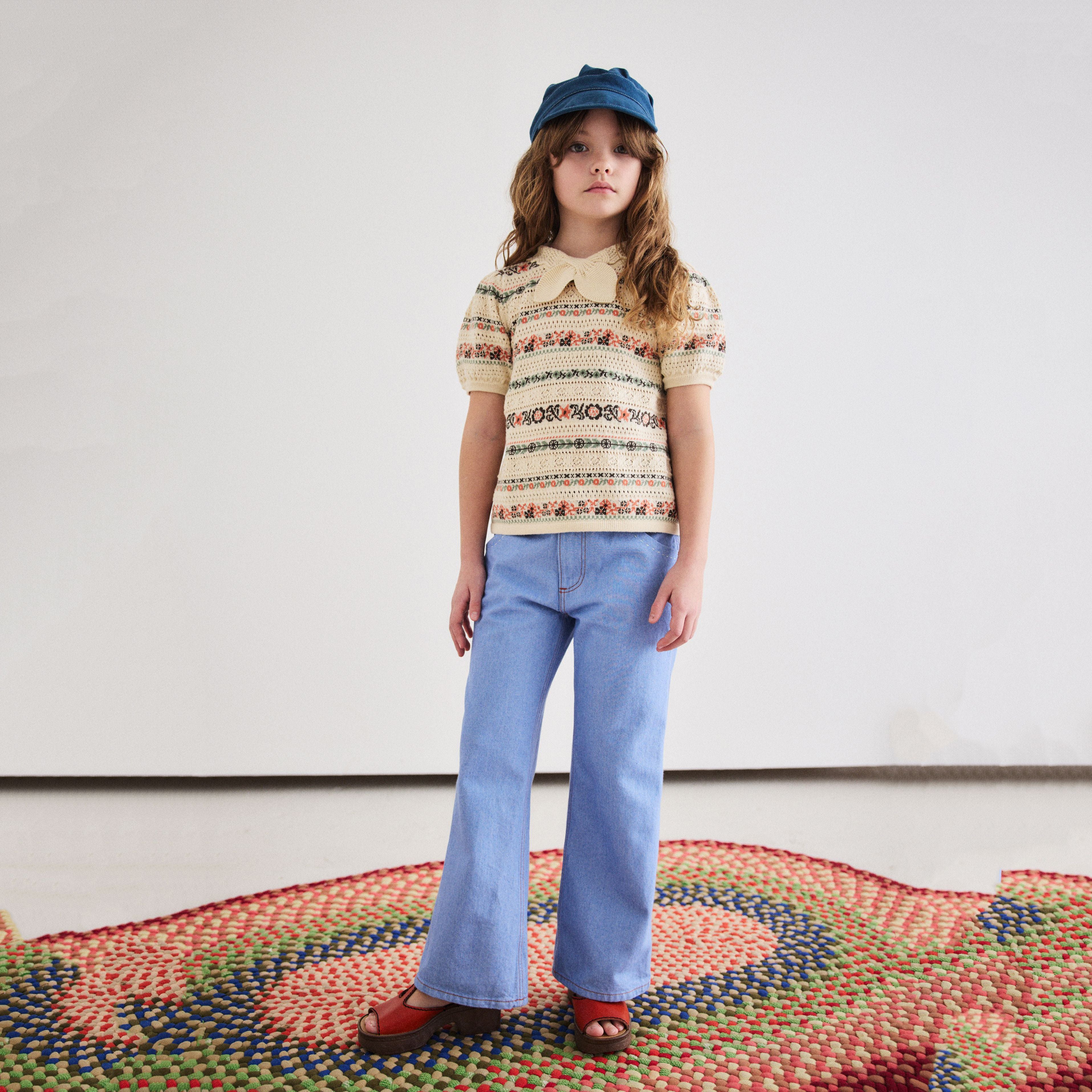 Girls Beige Bow Knit Cotton Top