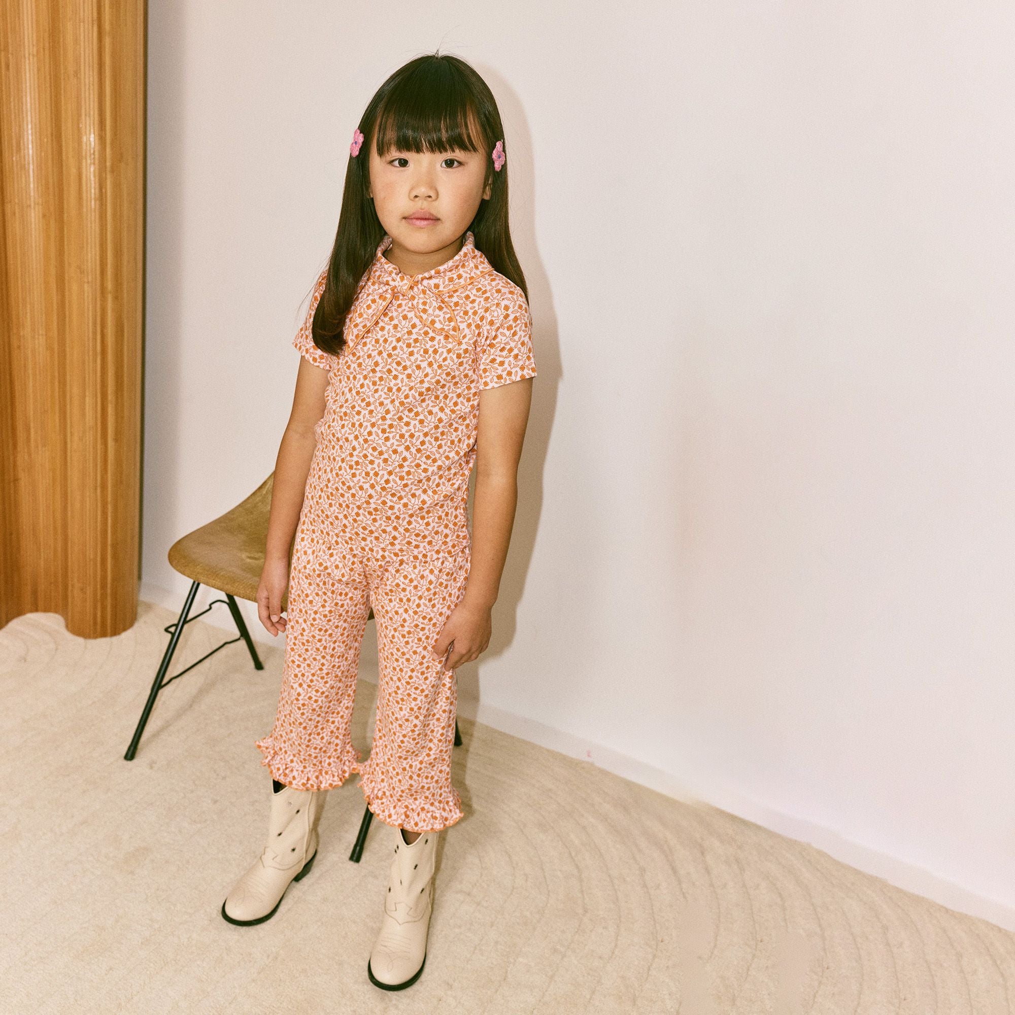 Girls Orange Floral Ruffle Trousers