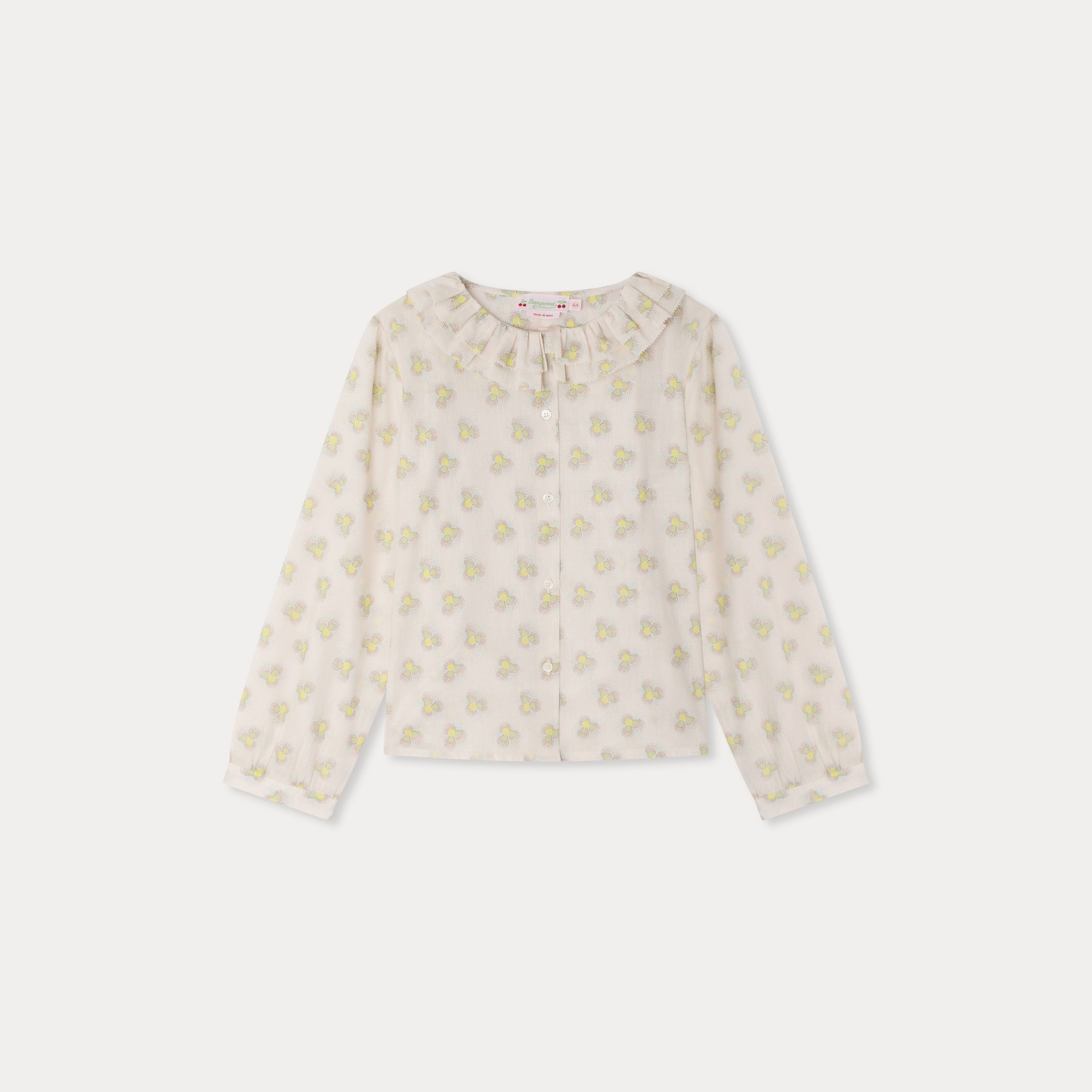 Girls Beige Printed Ruffled Cotton Blouse