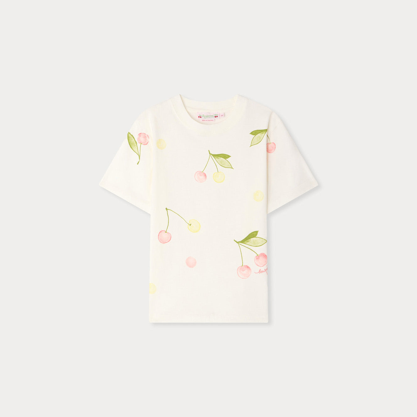 Girls White Cherry Printed Cotton T-Shirt