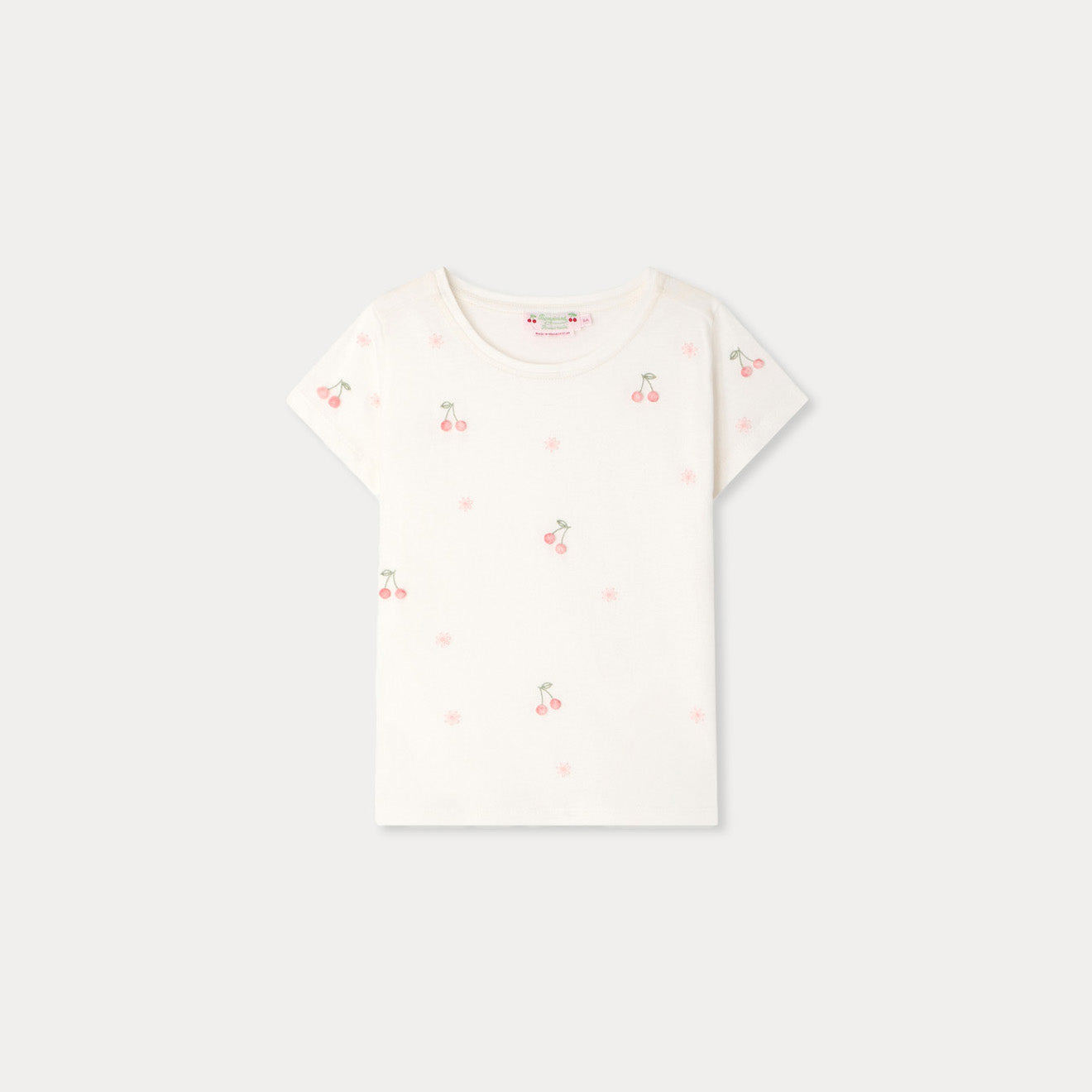 Girls White Cherry Embroidered Cotton T-Shirt