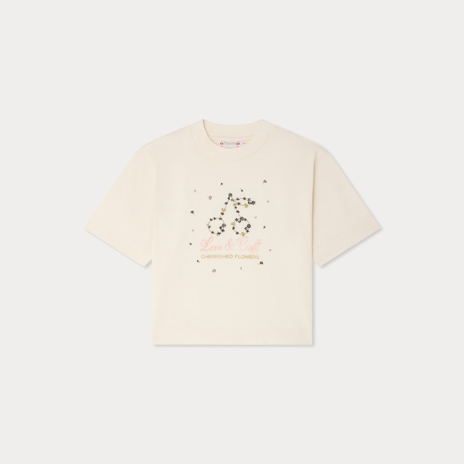 Girls White Cherry Embroidered Cotton T-Shirt