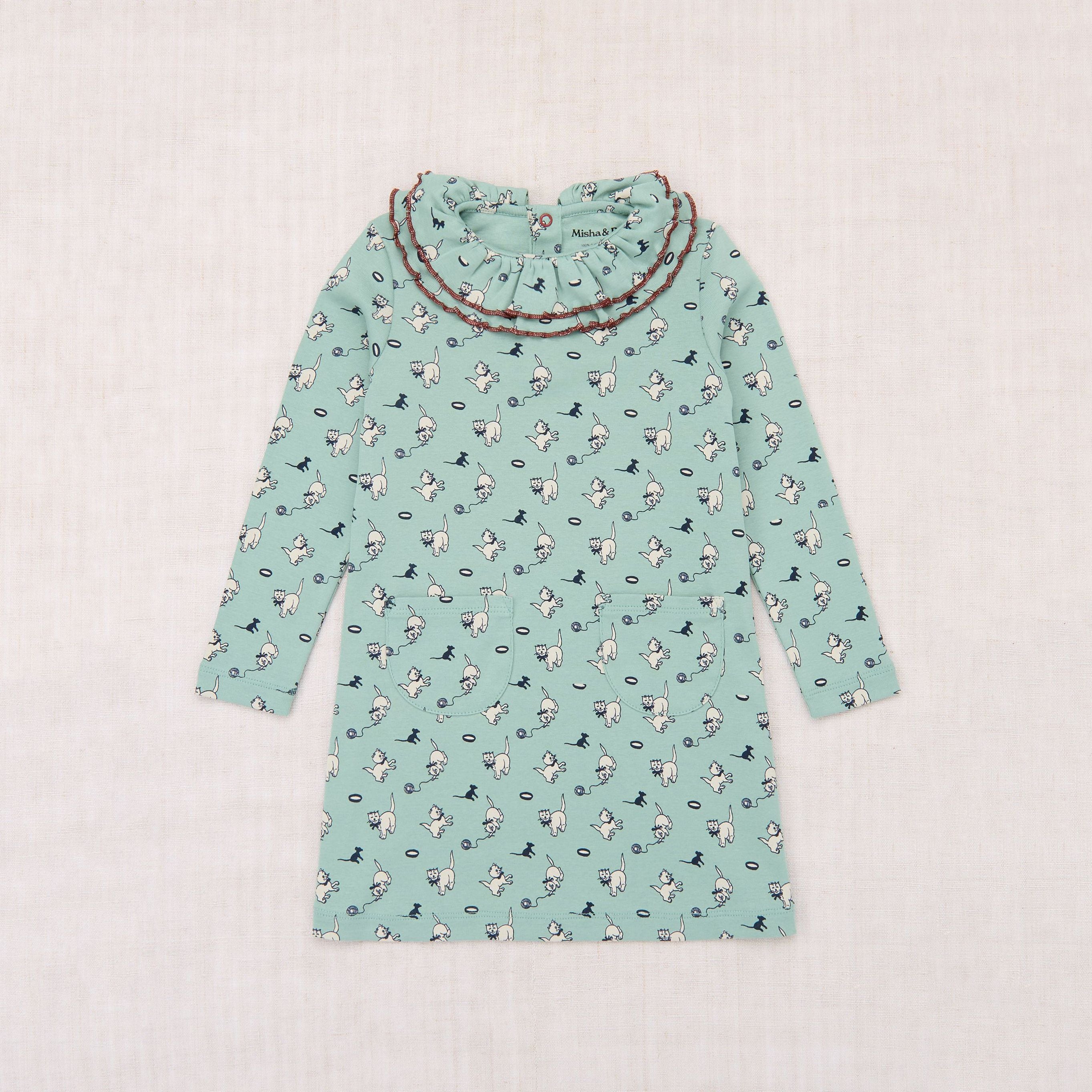 Girls Green Printed Ruffled Cotton Dress