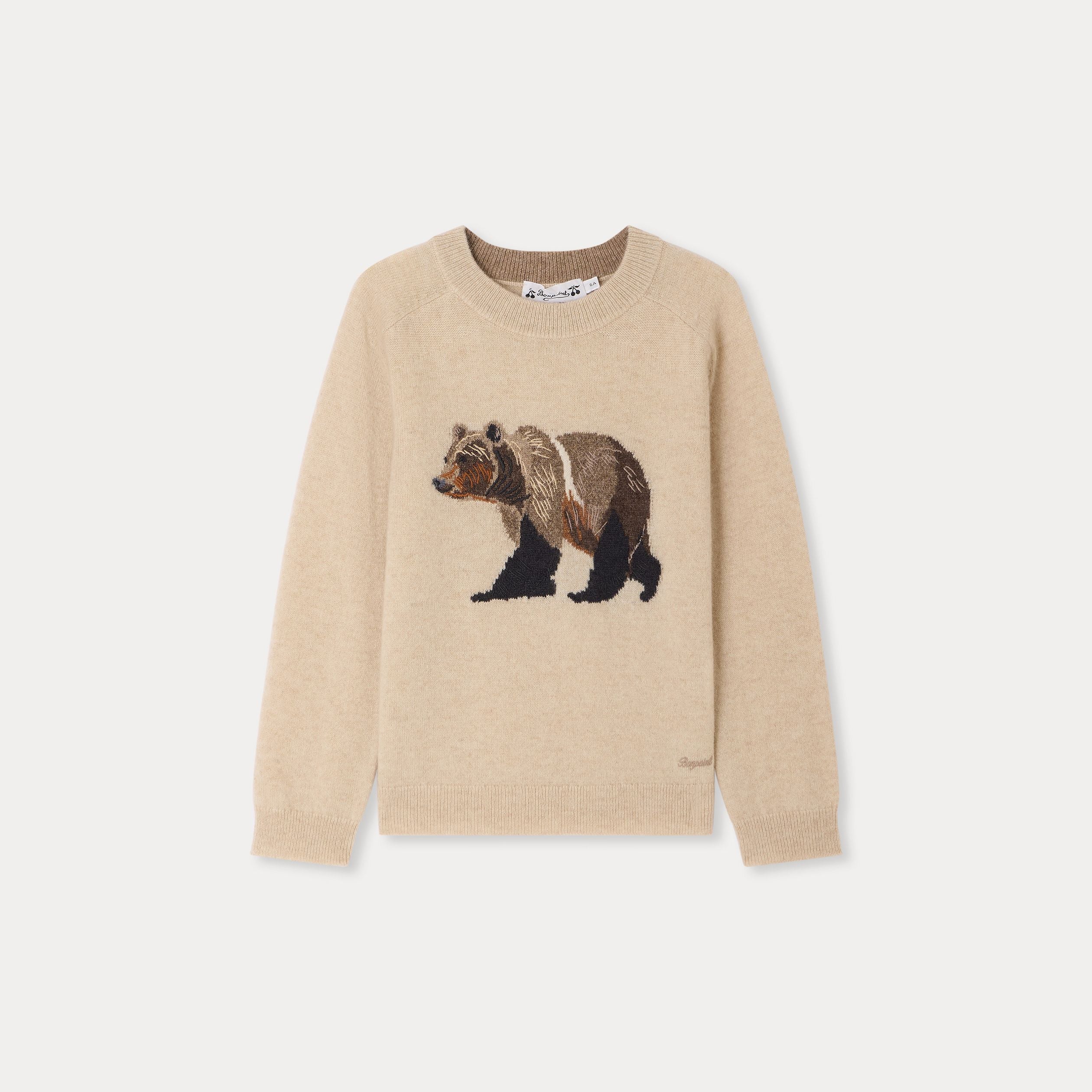 Boys Beige Bear Jacquard Cashmere Sweater