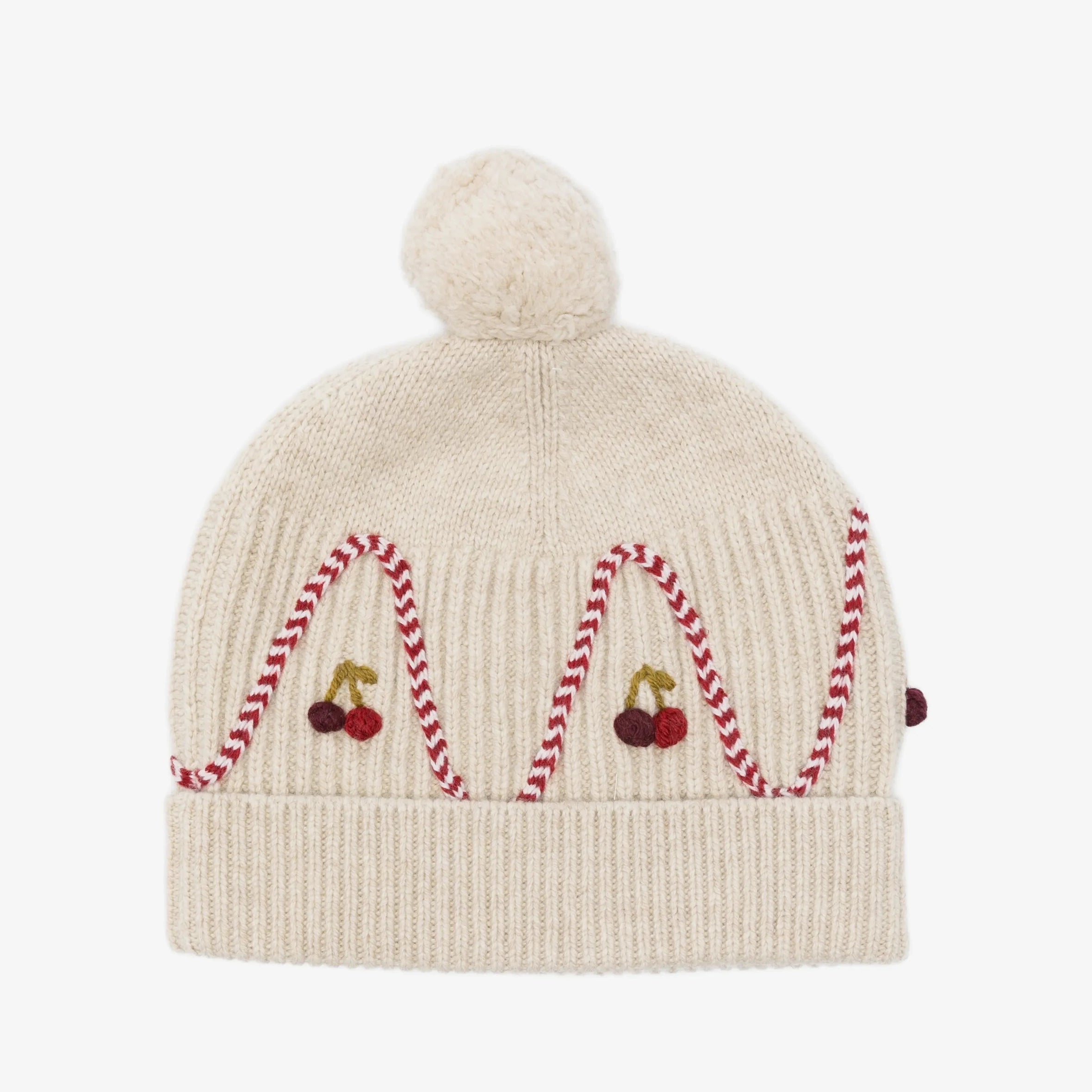 Girls Beige Cherry Embroidered Wool Hat