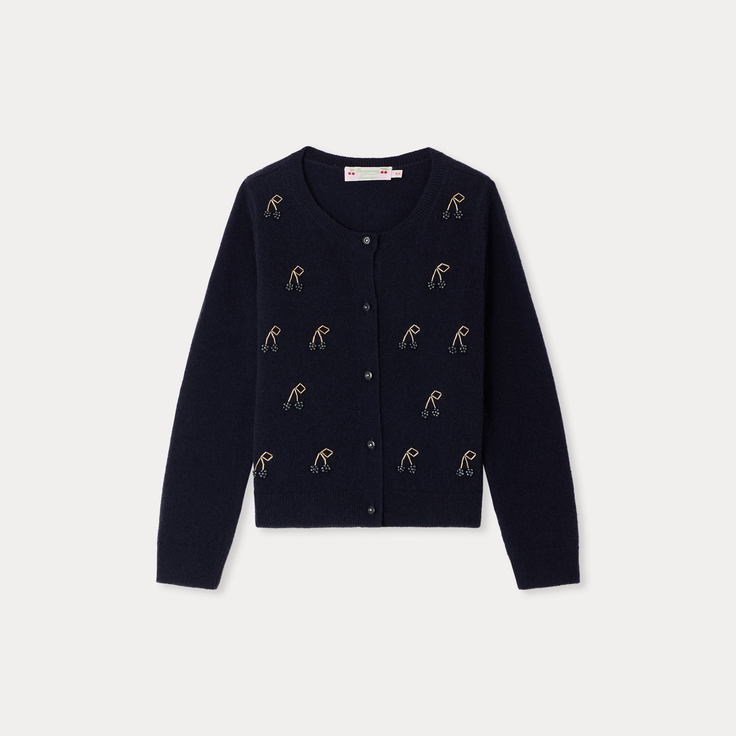 Girls Navy Beads Cherry Cashmere Cardigan