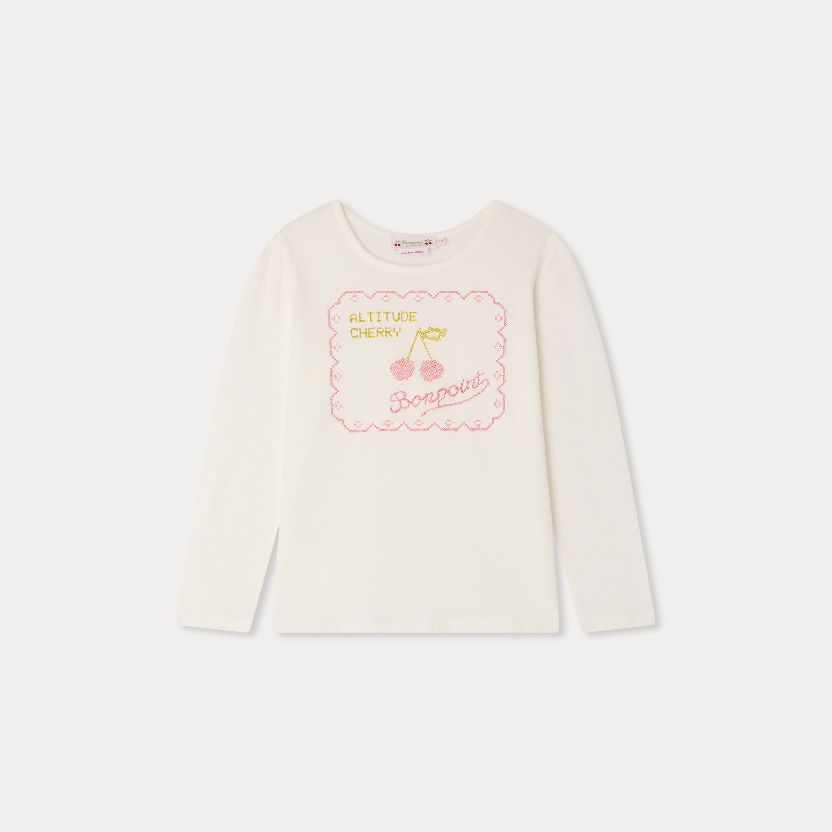 Girls White Cherry Embroidered Cotton T-Shirt