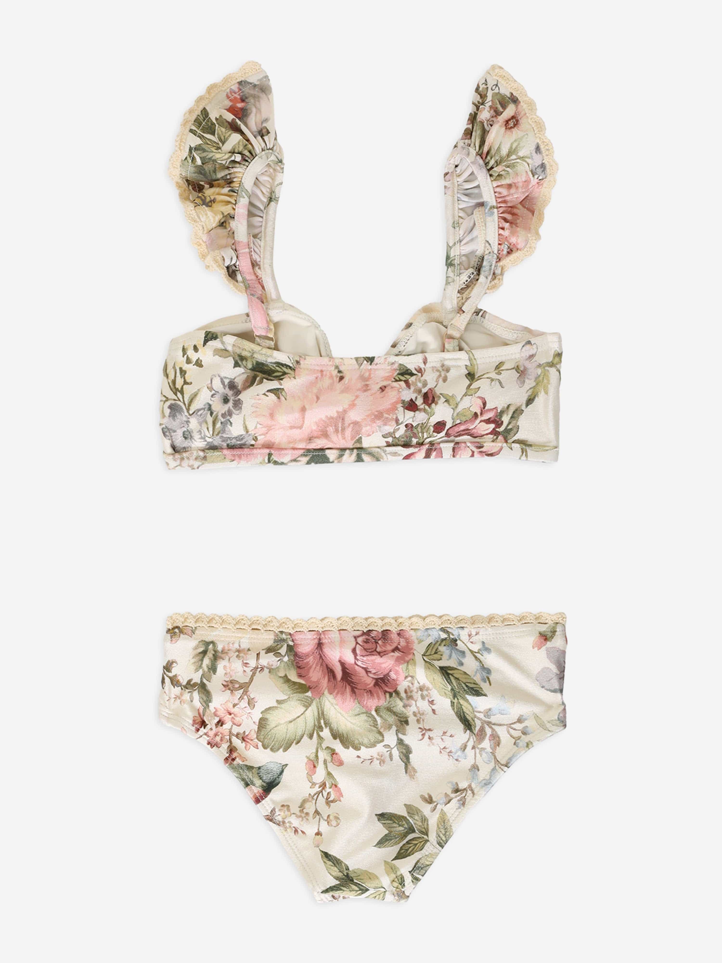 Zimmermann Girls Floral Waverly Trim Frill Bikini in Cream