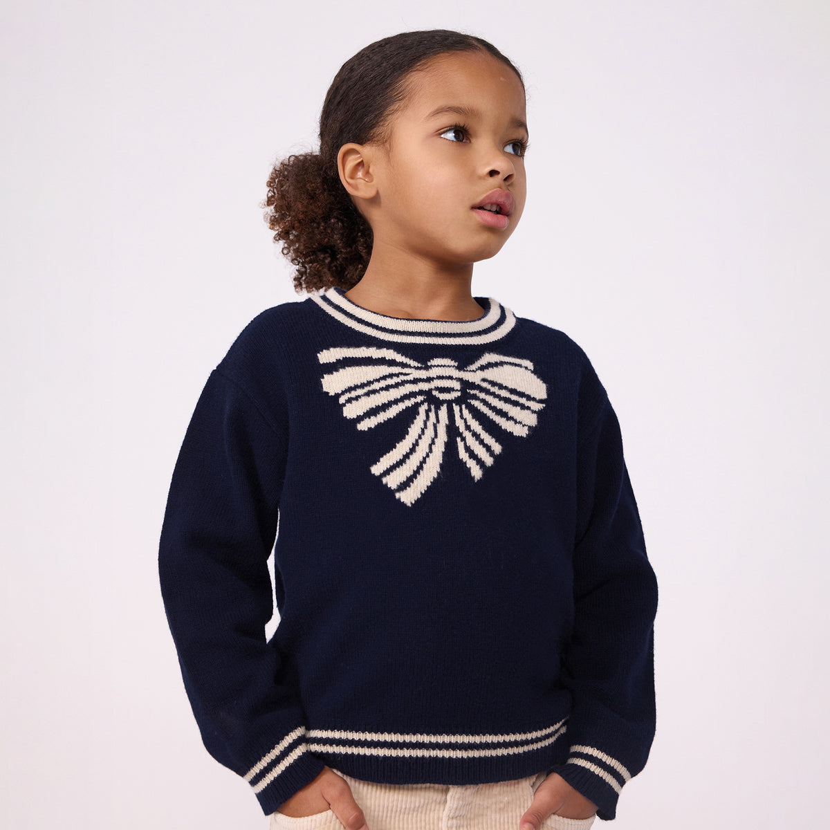 Girls Navy Bow Wool Sweater