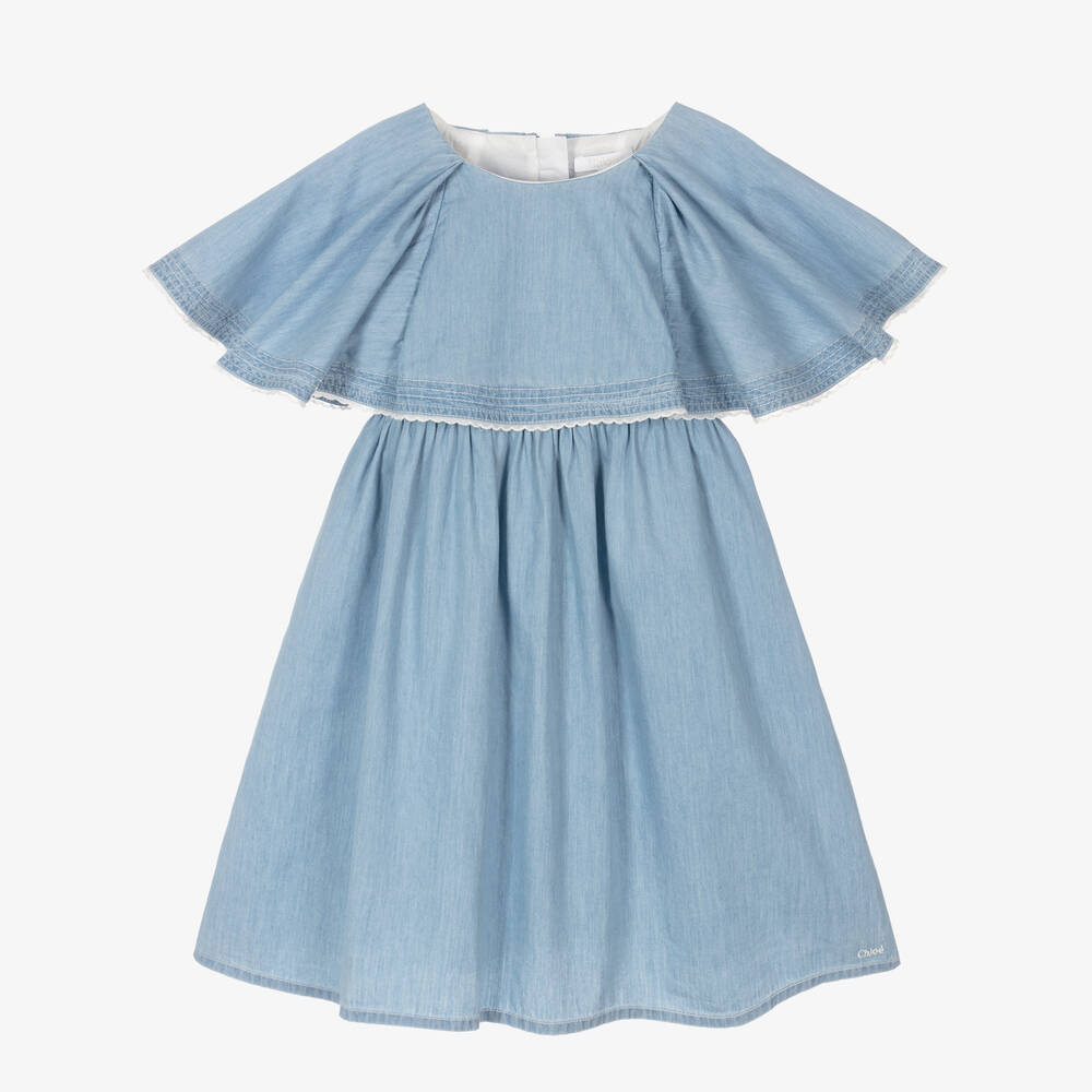 Girls Blue Ruffled Denim Dress