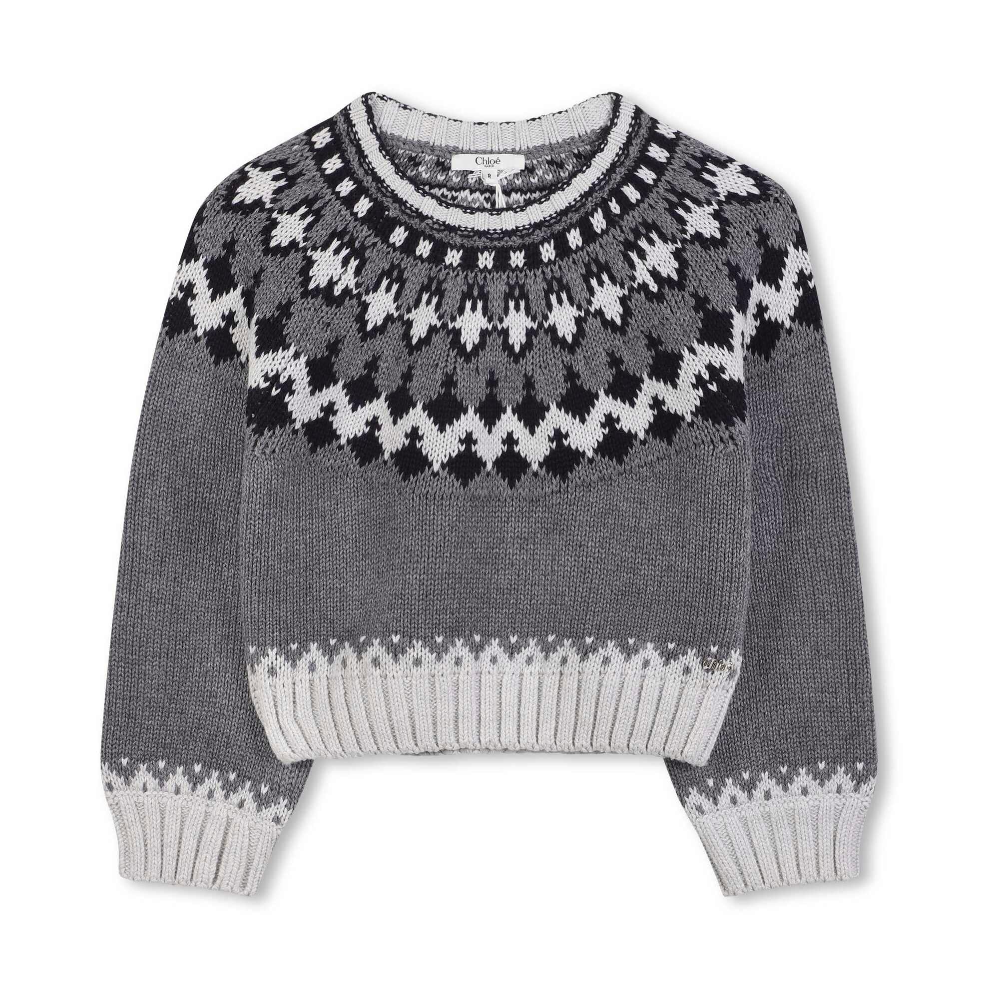 Girls Grey Jacquard Cotton Knit Sweater
