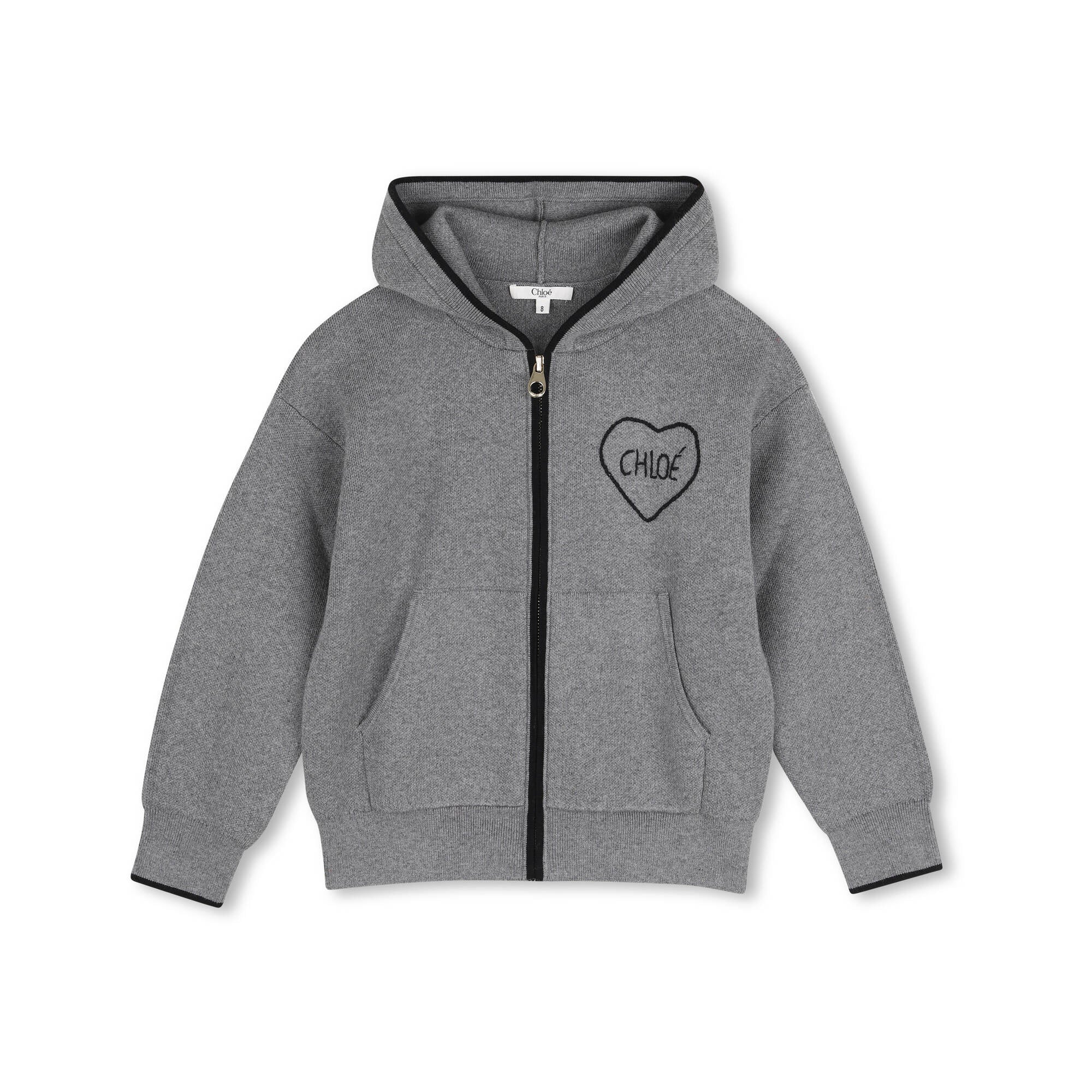 Girls Grey Hooded Cotton Zip-Up Top