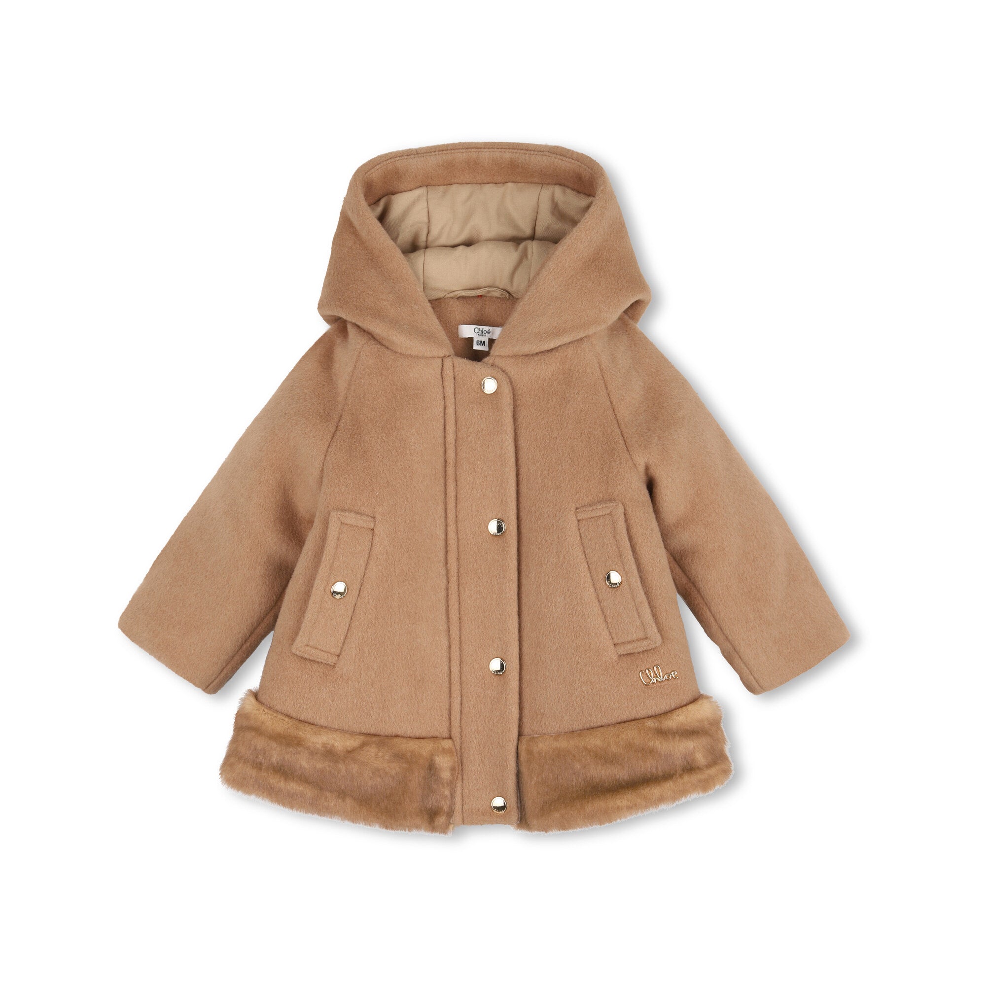 Girls Light Brown Hooded Wool Coat