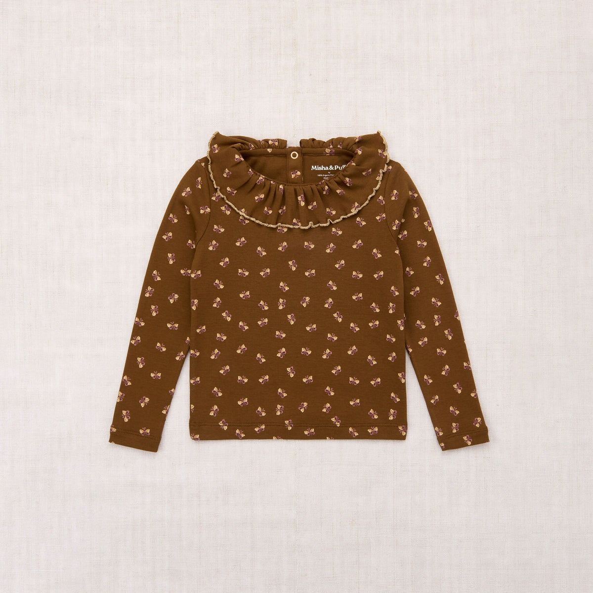 Girls Dark Coffee Ruffled Collar Cotton Top