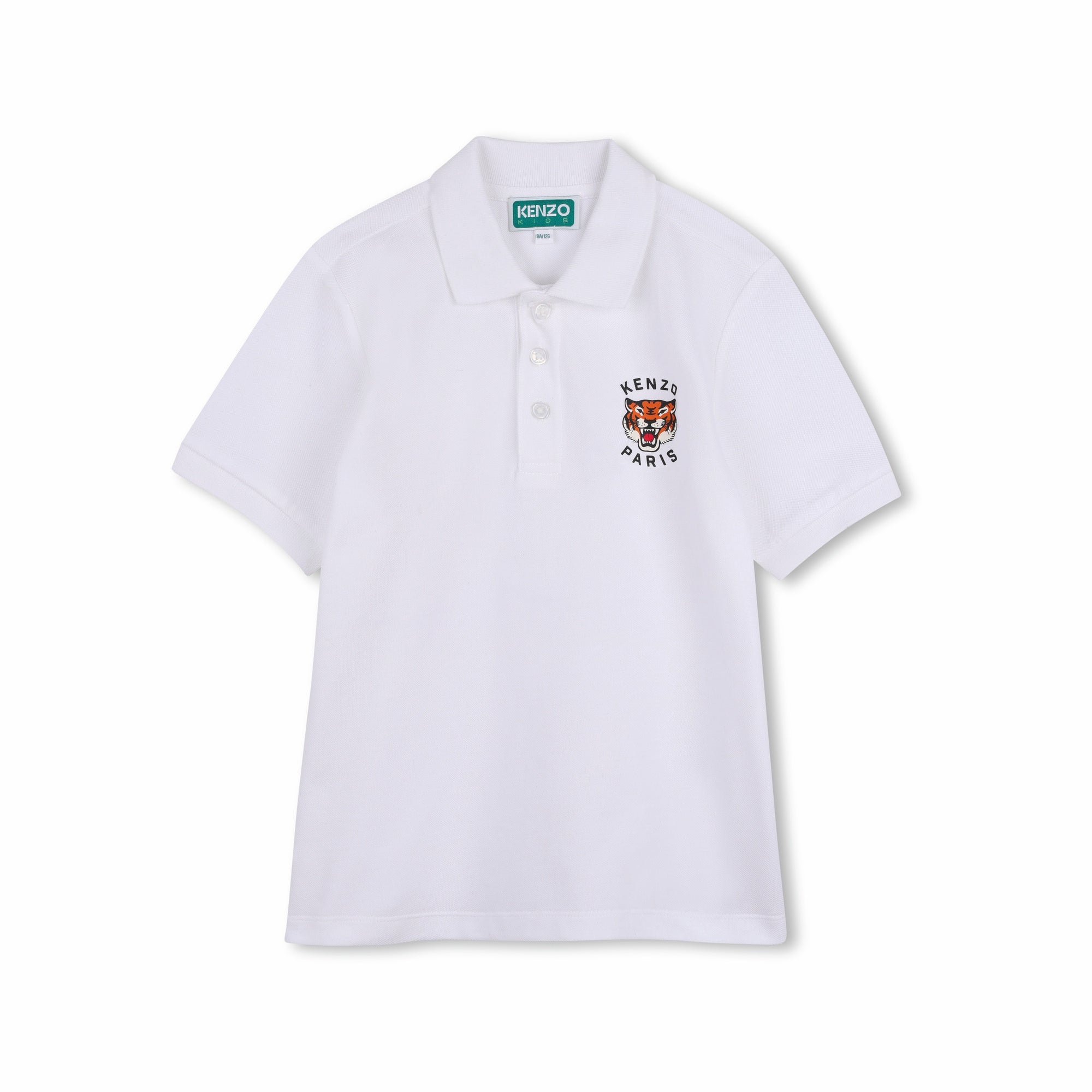 Boys White Tiger Printed Cotton Polo Shirt