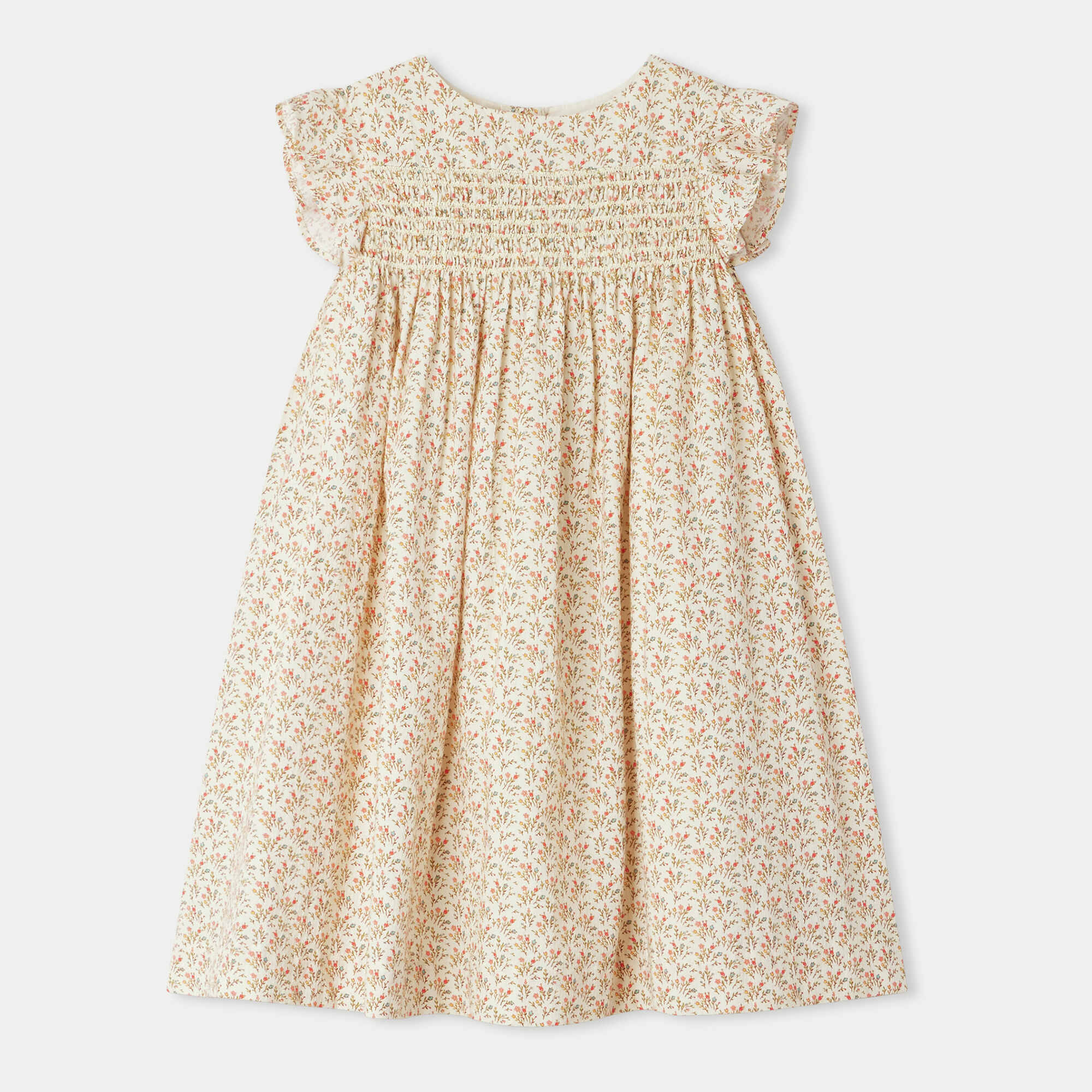 Girls Beige Floral Cotton Dress