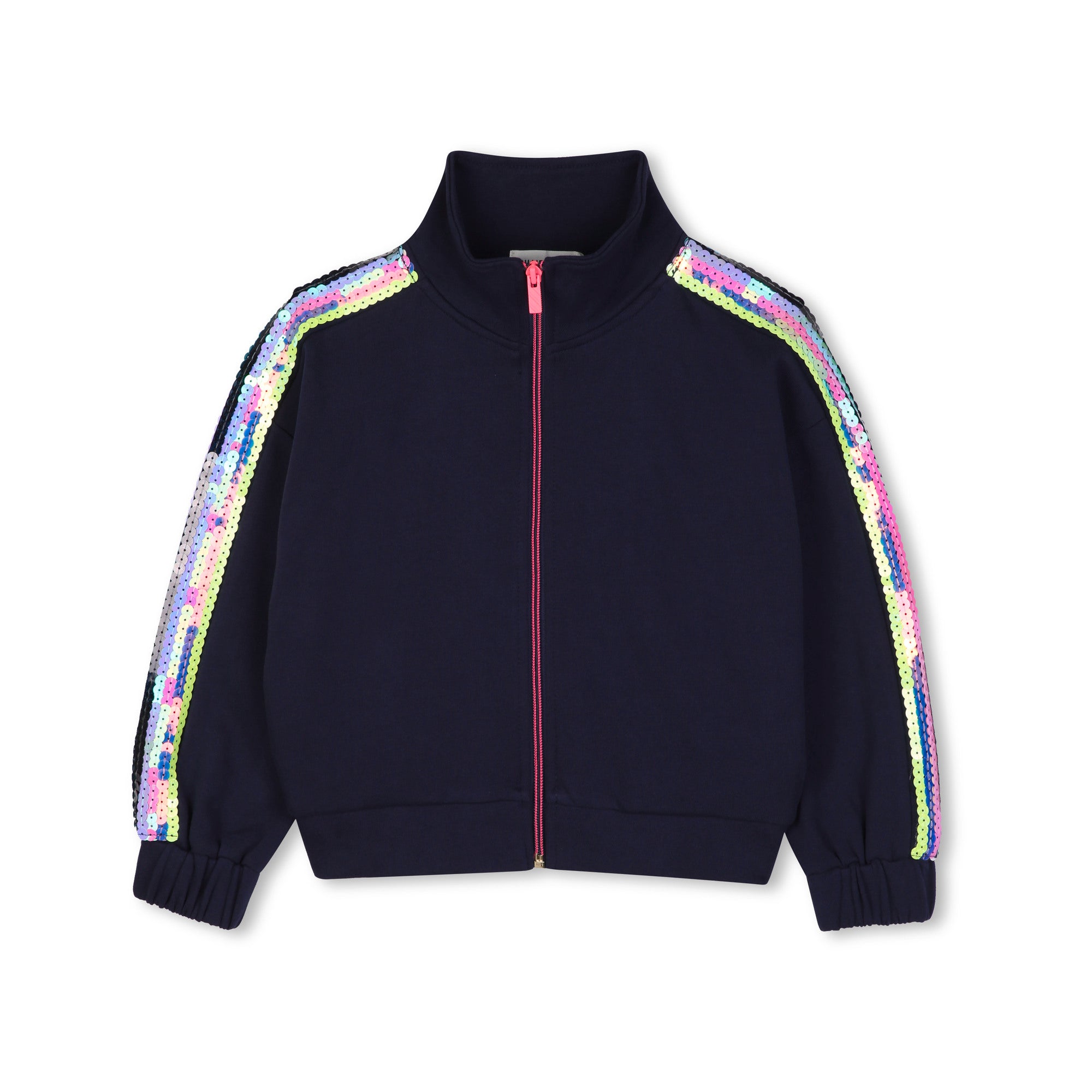 Girls Dark Blue Sequins Cotton Zip-Up Top