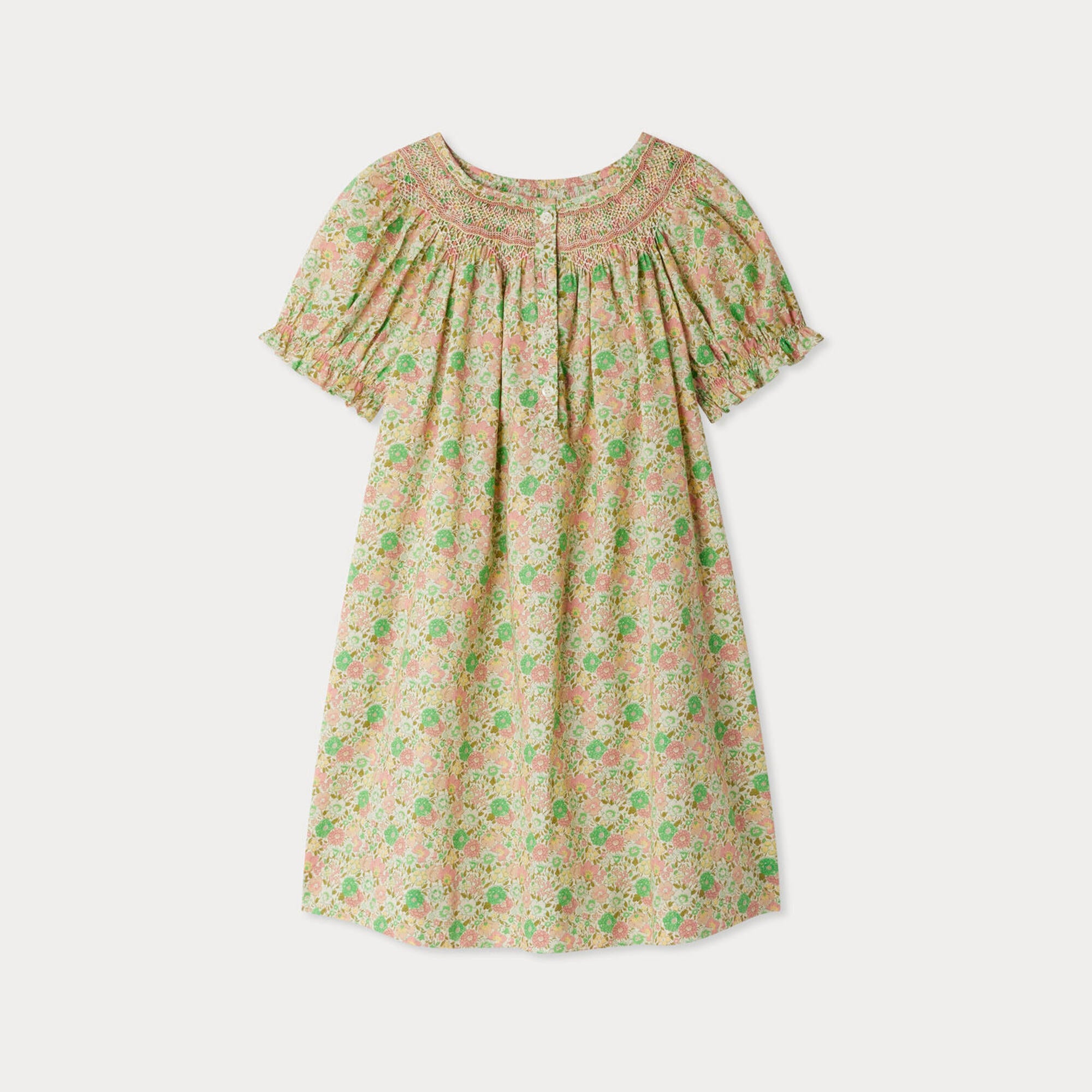 Girls Green Floral Cotton Dress