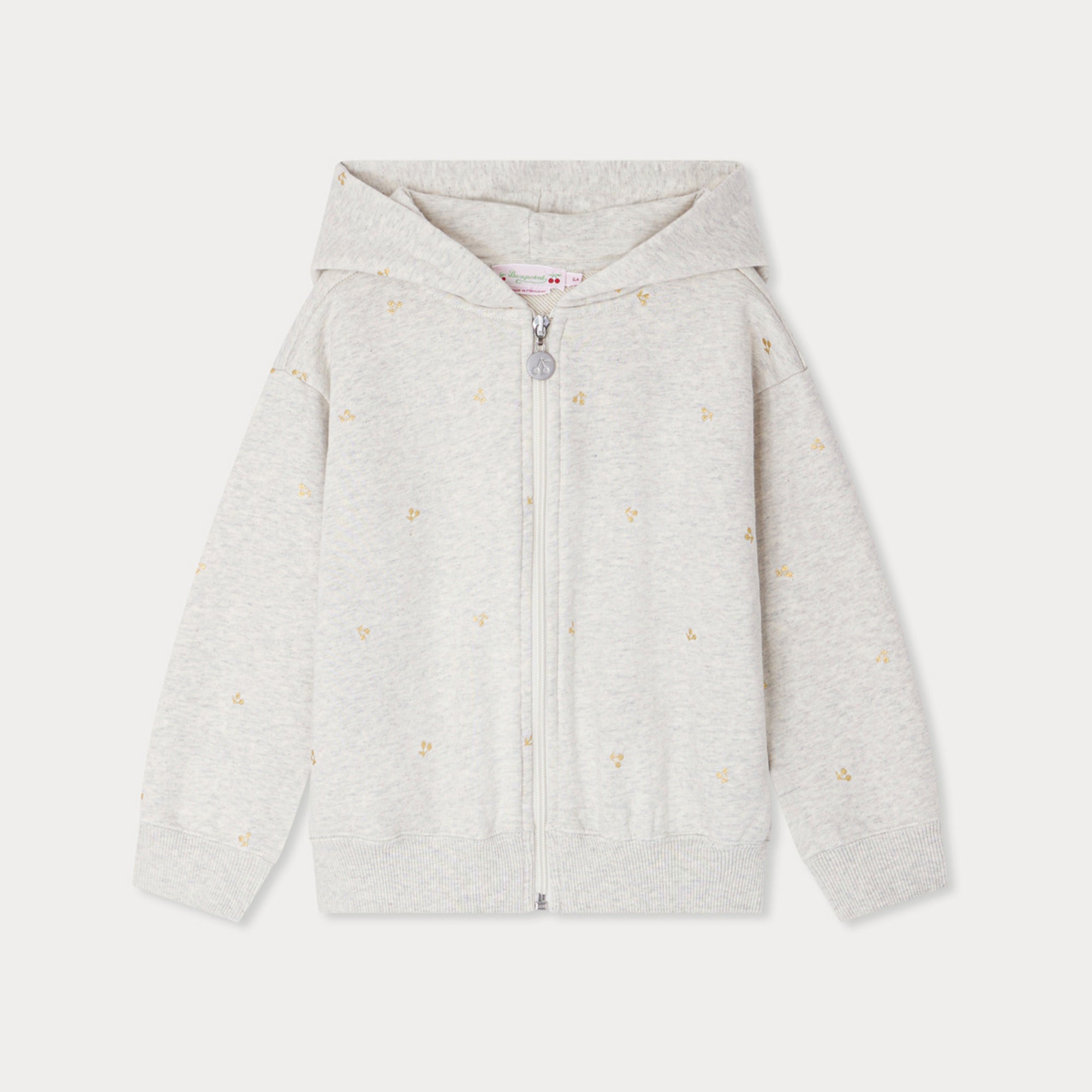 Girls Beige Embroidered Logo Cotton Zip-Up Top